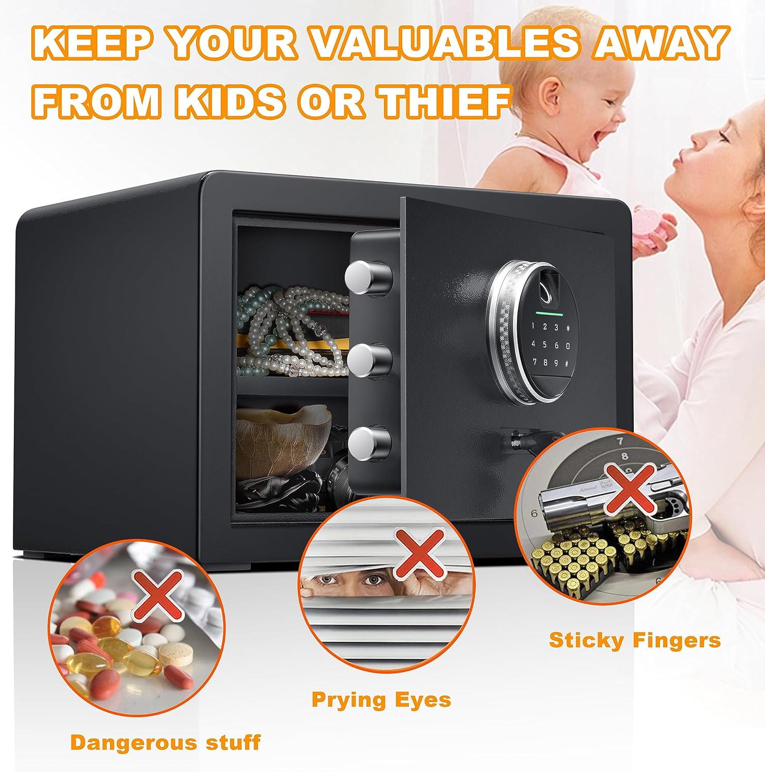 1.0 Cubic Feet Fingerprint Fireproof Home Safe With Fireproof Document Bag, Digital Security Safe With Removable Shelf Secure Cash, Jewelry and Valuables. (With fireproof bag, 9.8”H X 13.8”W X 11”D)
