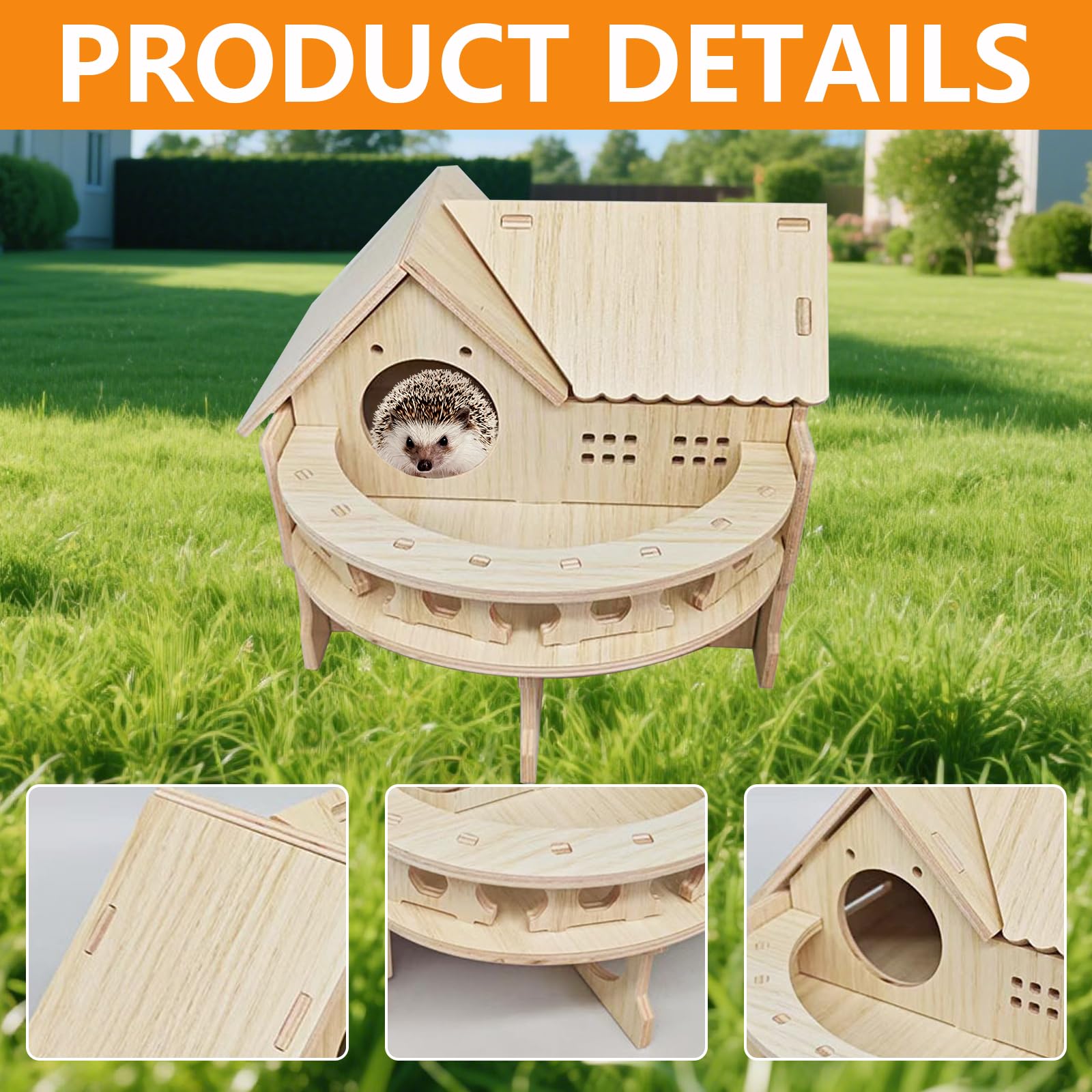 Casa para Erizos, 35 x 27 x 27 cm Casa del Erizo de Madera con Terraza Gran Casa para Erizo Desmontable con Múltiples Entradas y Salidas Redondas para Erizos o Cobayas para Refugio e Hibernación