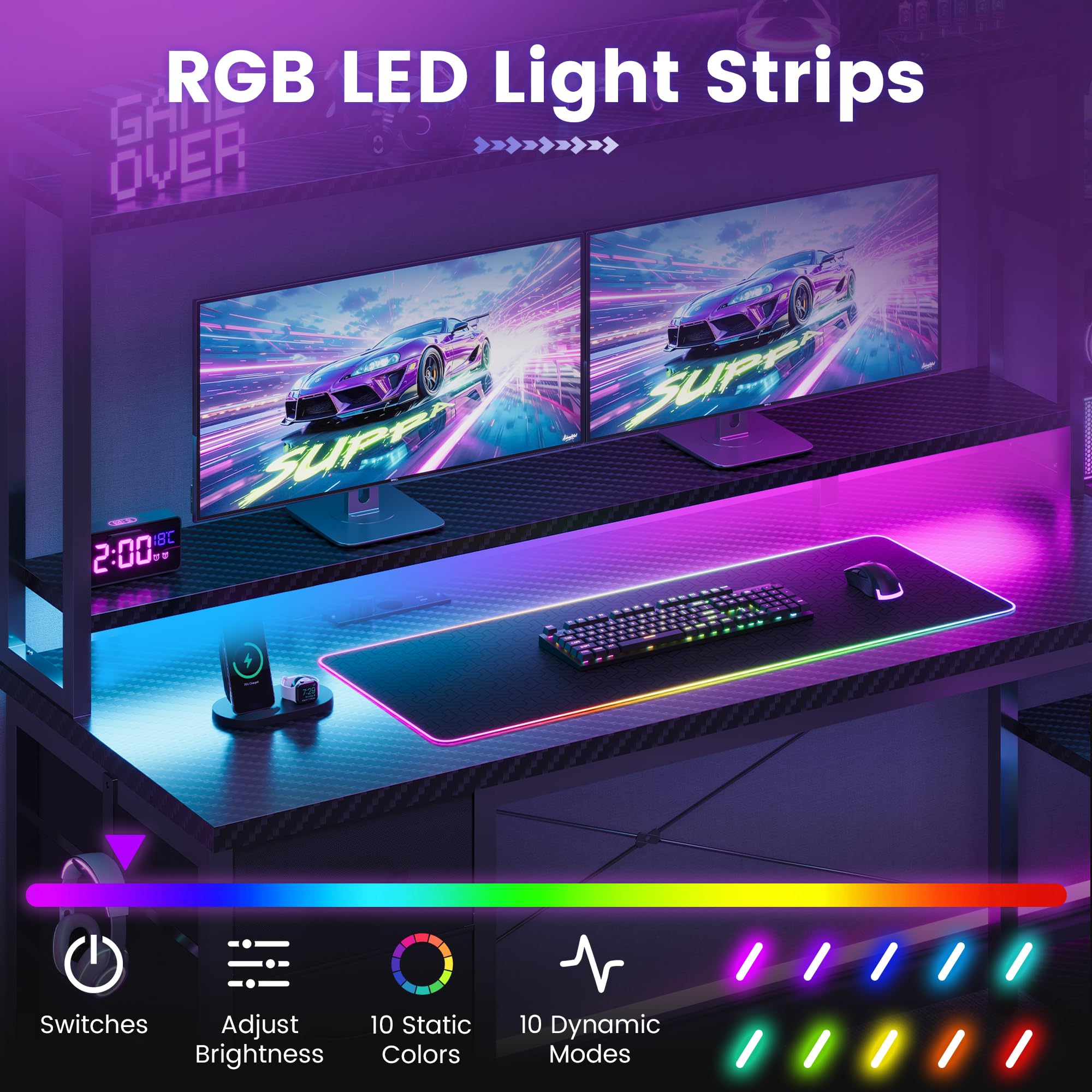 YOUDENOVA Scrivania da gioco con cassetti e ripiano, 150 x 48 cm, tavolo da gaming con LED, presa e USB, scrivania per computer con supporto per monitor, ripiani e supporto per cuffie, fibra di