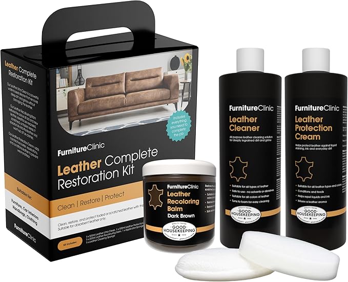 Furniture Clinic Leather Complete Restoration Kit | with Leather Recoloring Balm, Cleaner, 2-in-1 Protection Cream & Conditioner, Sponge, and Cloth | Repair Kit for Furniture (Dark Brown)