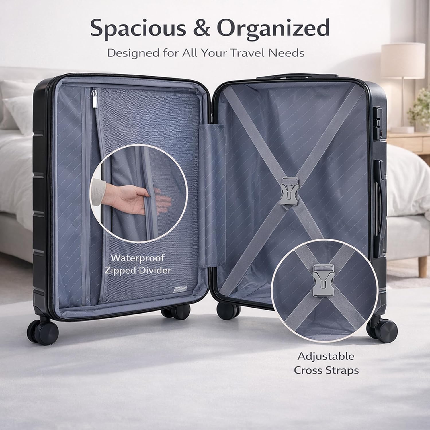 24 Inch Hardside Checked Luggage, Expandable Suitcase with Spinner Wheels, Lightweight Durable Hard Shell Luggage with TSA Lock,Black