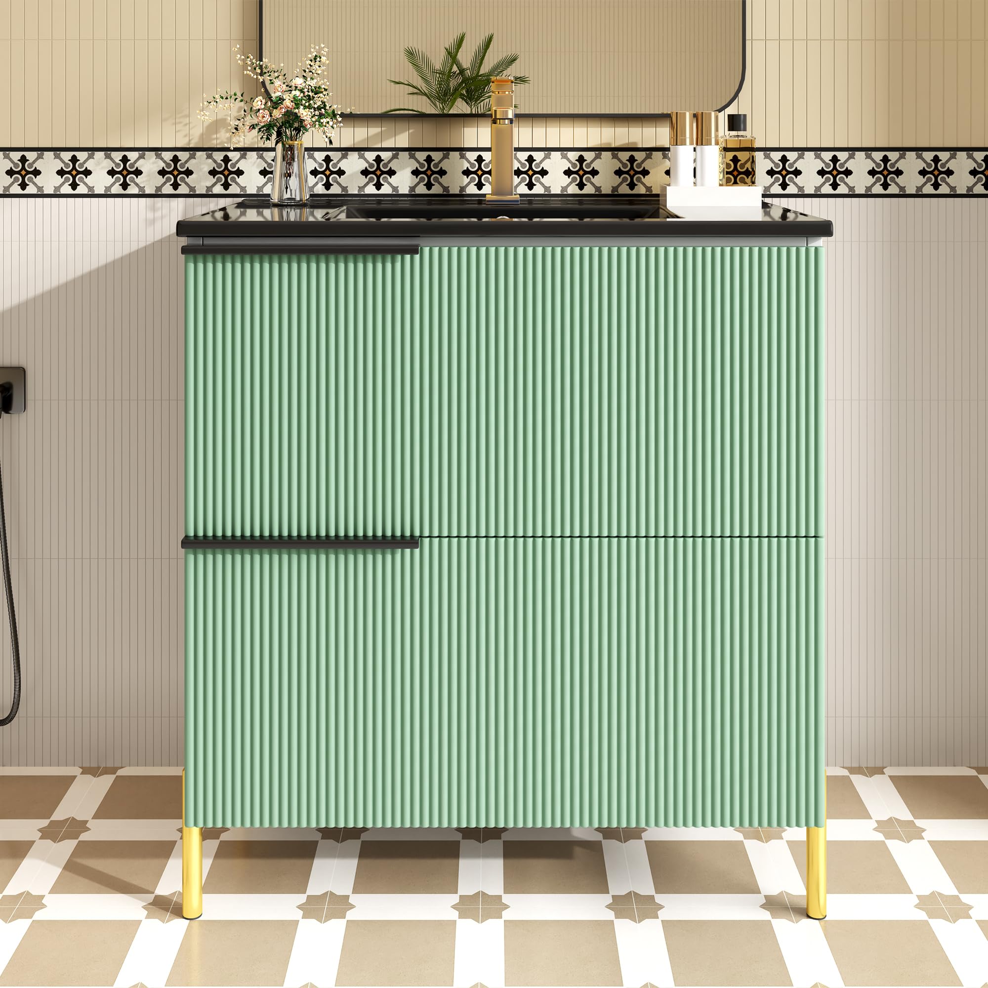 Lcoho Mobile lavabo da bagno con lavabo in ceramica, lavabo singolo con cassetti in MDF, organizer da bagno con vasca, verde