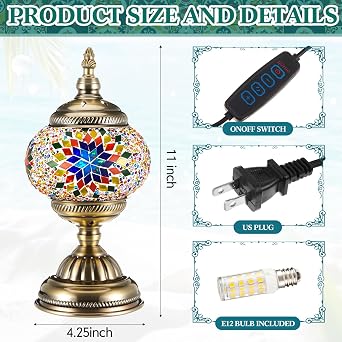 Baquler Turkish Mosaic Lamp Kit DIY Stained Glass Decorative Table Bedside Night Light Tabletop Bohemian Morrocan Lamp Crfat Kit for Living Room Decorations, Make Your Own(Multicolor)