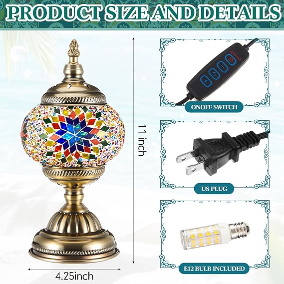 Baquler Turkish Mosaic Lamp Kit DIY Stained Glass Decorative Table Bedside Night Light Tabletop Bohemian Morrocan Lamp Crfat Kit for Living Room Decorations, Make Your Own(Multicolor)
