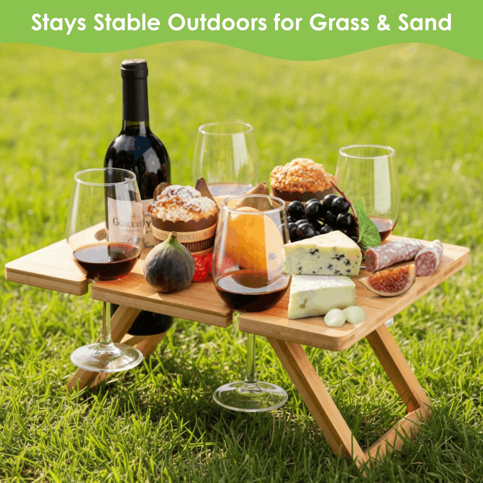 YOUEON Tragbarer Wein Picknick Tisch mit 5 Weingläser Halter, Faltbarer Champagner Picknick Snack Tisch, Wein und Käse Tisch für Picknick, Camping, Park, Strand, Weinliebhaber Geschenk