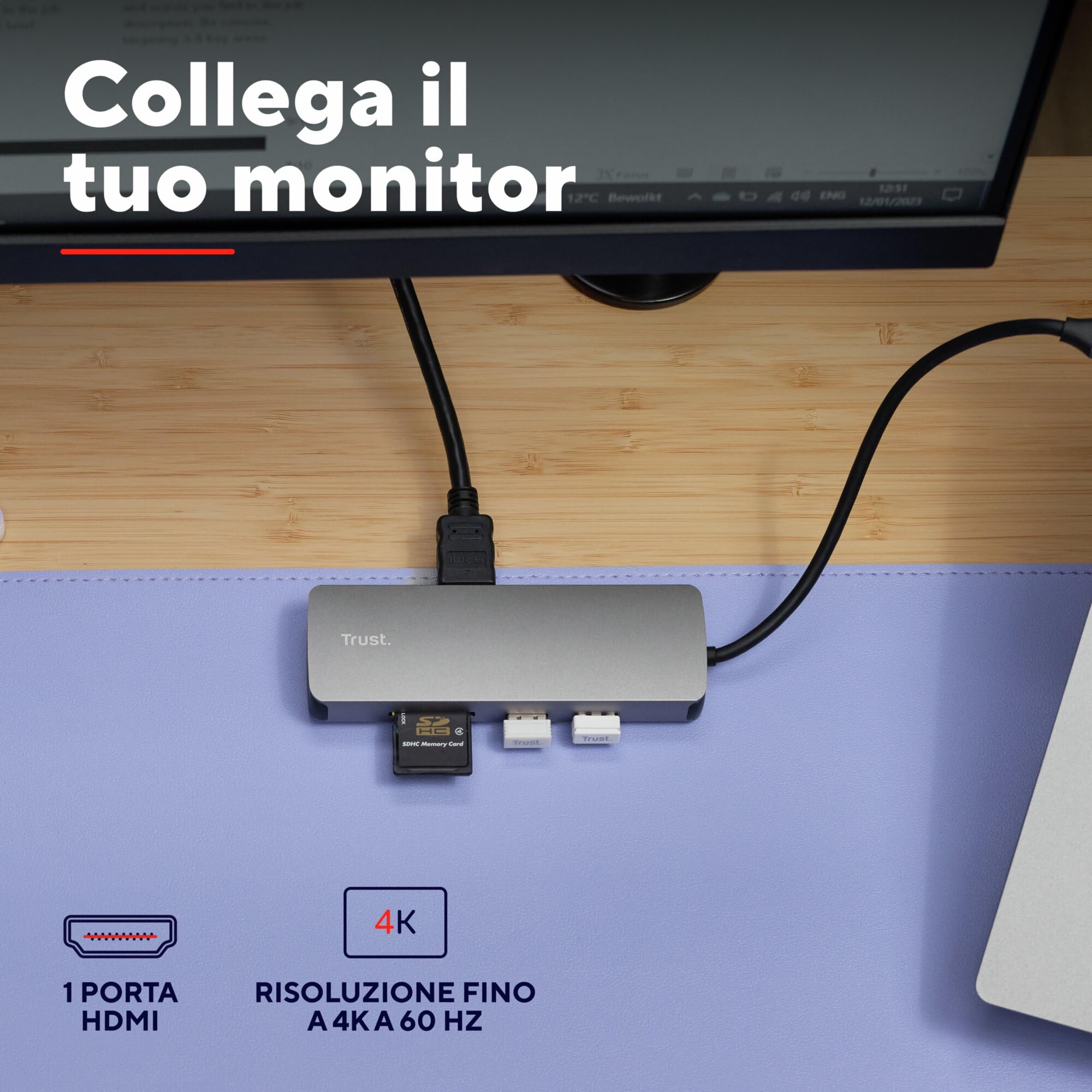 Trust Vylor Hub USB C 8-in-1 Adattatore HDMI 4K@60Hz, Gigabit Ethernet, Lettore di Schede MicroSD/SD, USB-C USB-A, Porta di Ricarica 100W, Docking Station PC Computer Portatili Dell HP MacBook