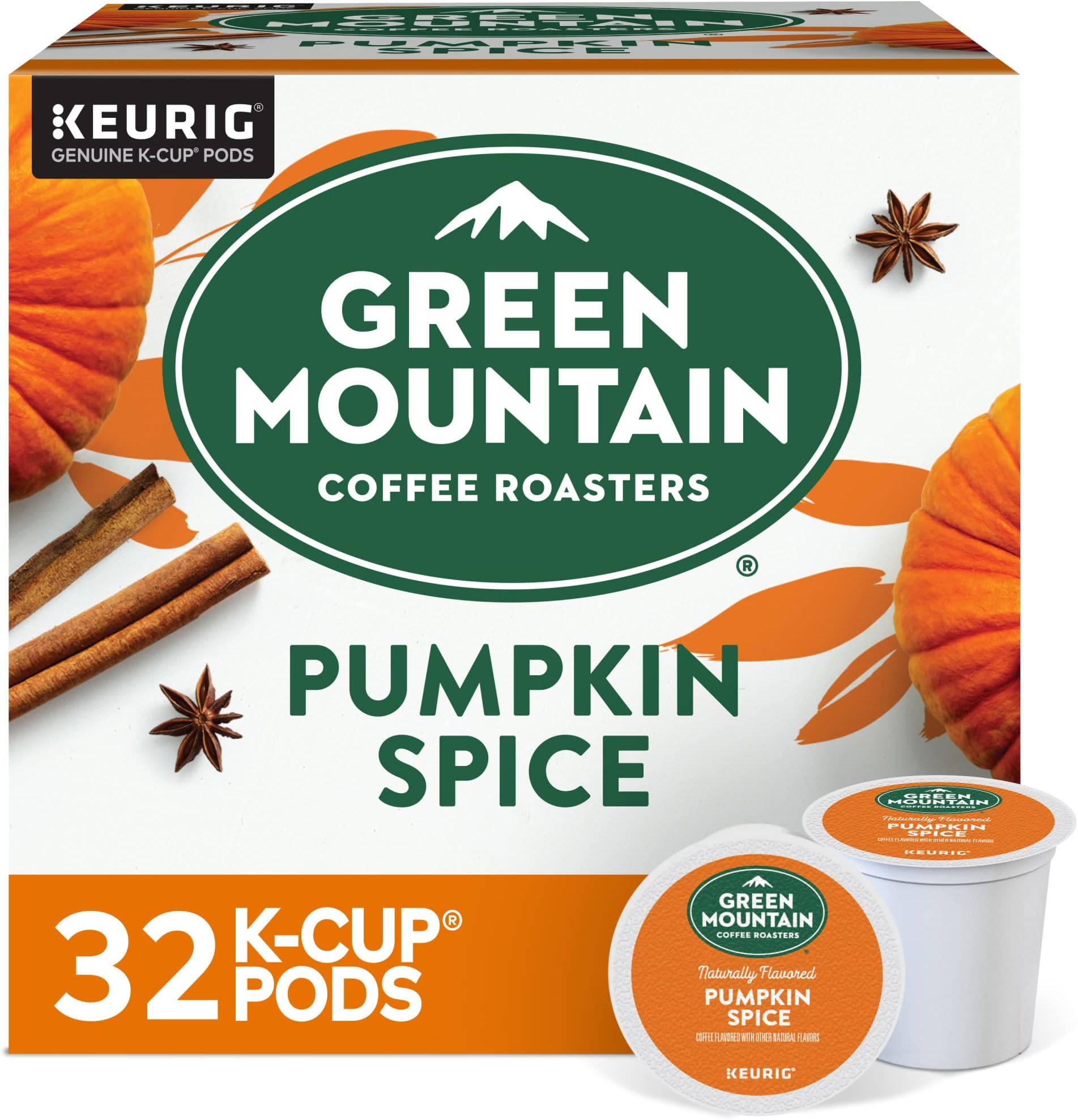 Green Mountain Coffee Roasters Pumpkin Spice, Single-Serve Keurig K-Cup Pods, Flavored Light Roast Coffee Pods, 32 Count