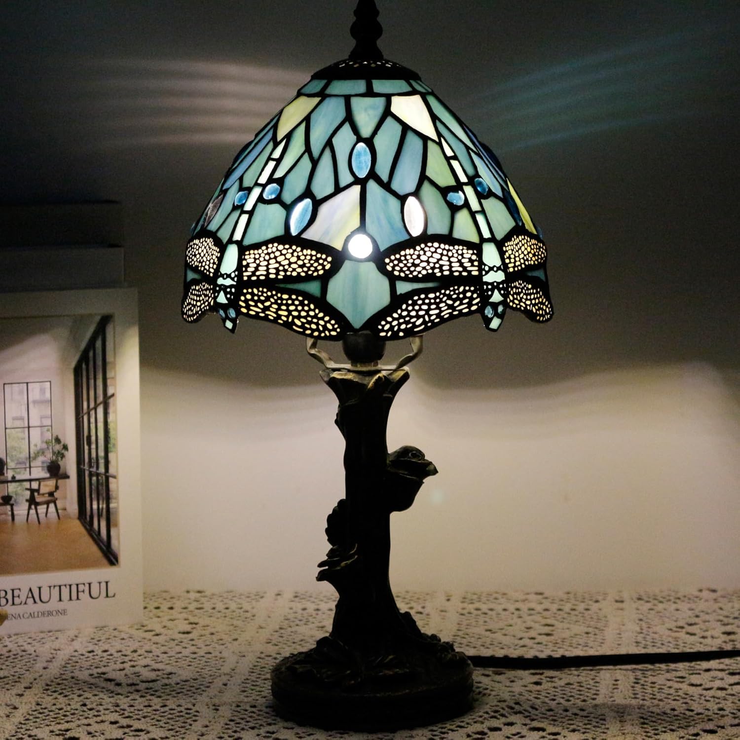 Table Lamp Base Replacement Only, Wide 5 Height 15 Inch, Fit for 6, 8, 10 Inch Tiffany Style Stained Glass Lampshade, Dark Bronze Finish,Resin, Push Switch On Cord(D (W5H15 Inch))