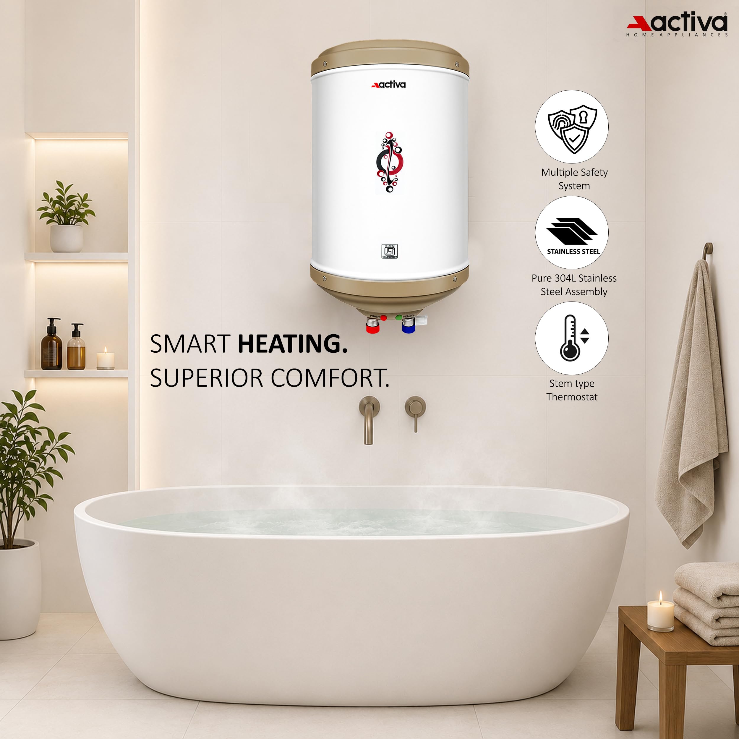 ACTIVA 10L Storage Water Heater Geyser | 3kW ISI Copper Heating Element | BEE 5 Star Rated | 0.8mm Anti-Rust Coated Tank | ABS Body | Fast Heating | 5 Year Warranty | Ivory 4