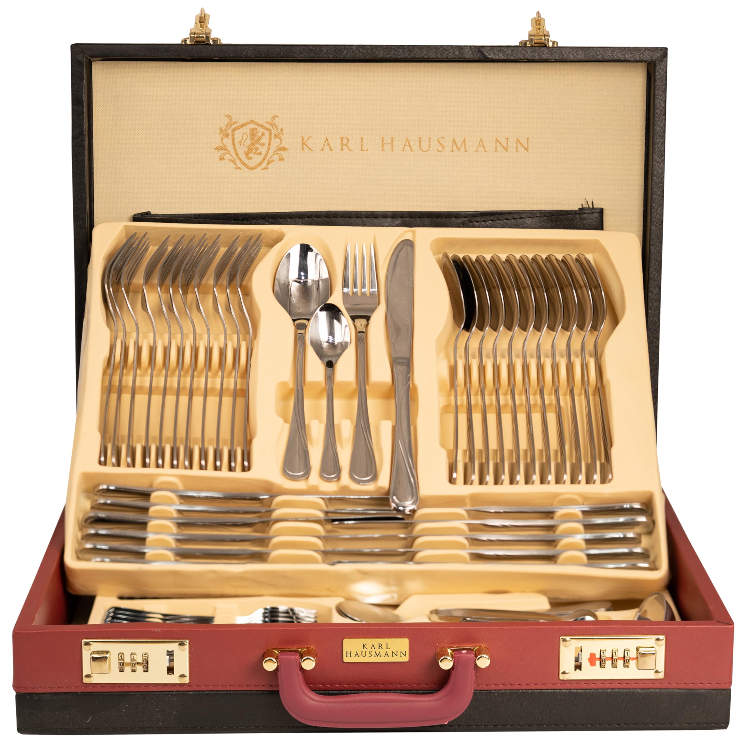 KARL HAUSMANN Set Posate 12 Persone, 72 Pezzi in Acciaio Inox 18/0 con Valigetta - Servizio Posate con Coltelli Forchette Cucchiai + Posate da Servizio, Lucido, Lavabili in Lavastovigli