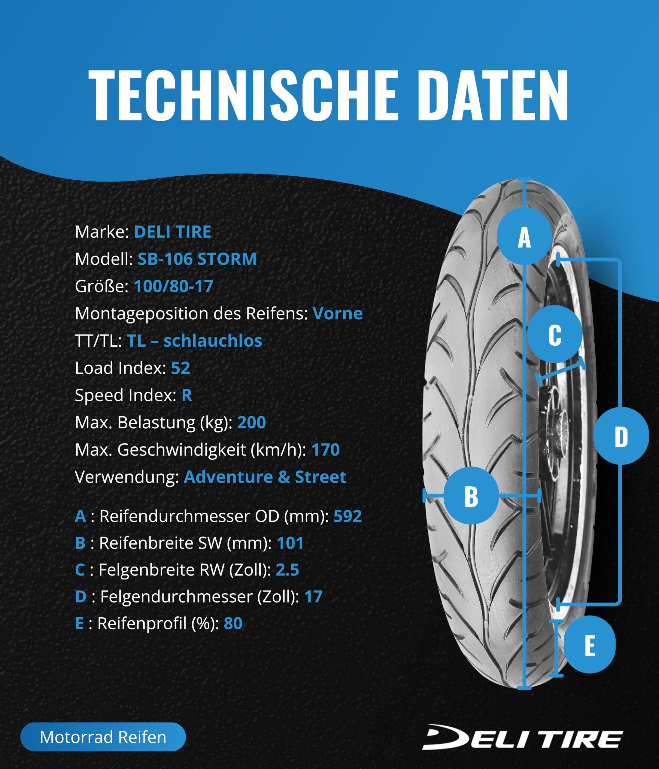 Reifen Motorrad 17 Zoll 100/80 x 17 Deli sb106 TL 52r (Rot)