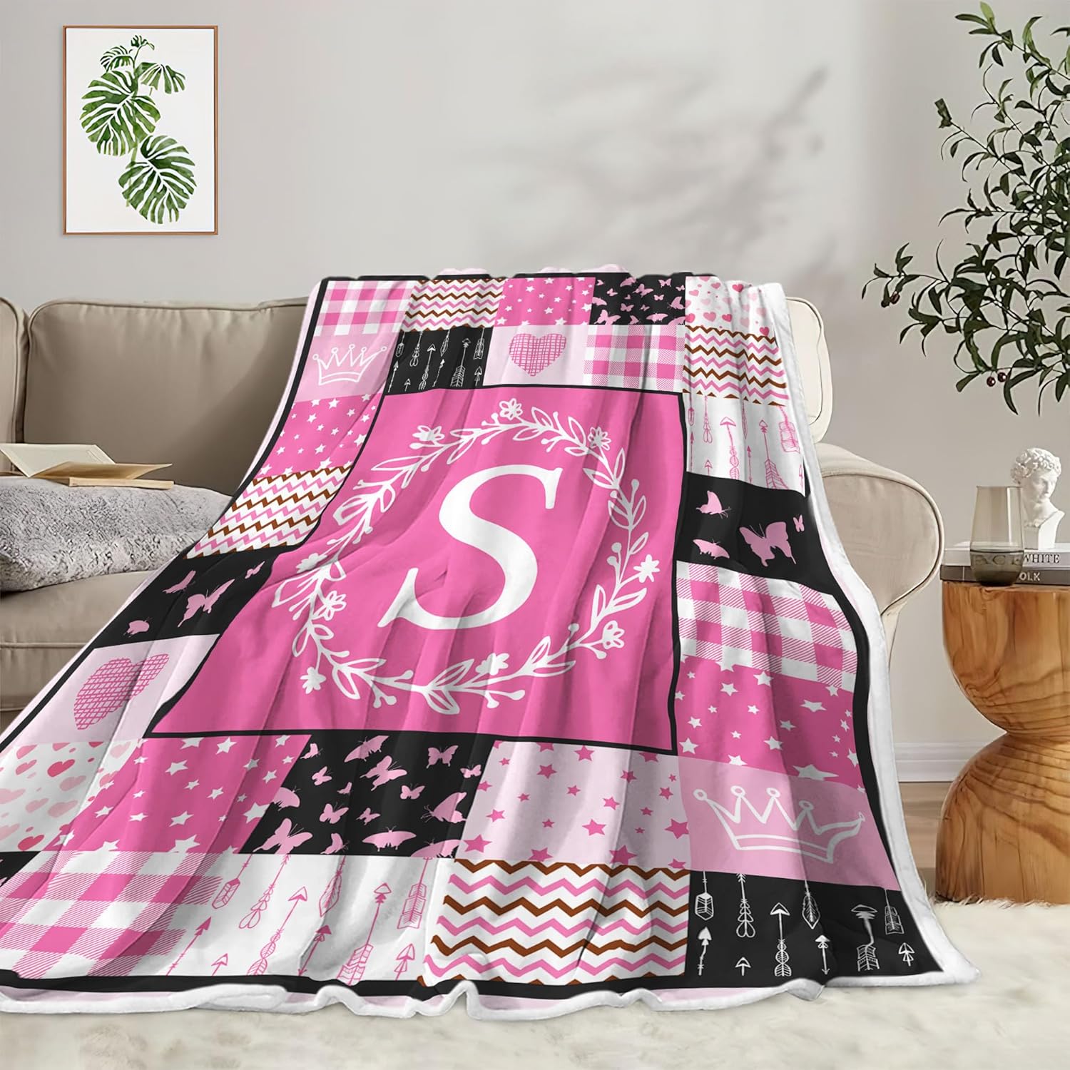Birthday Present Throw Blankets, Women Personalized Monogrammed Present for Women, Initial Present for Teen Girls, Cozy Warm Bed Couch Blanket, Letter S Mothers Day Butterfly Present for Her Mom
