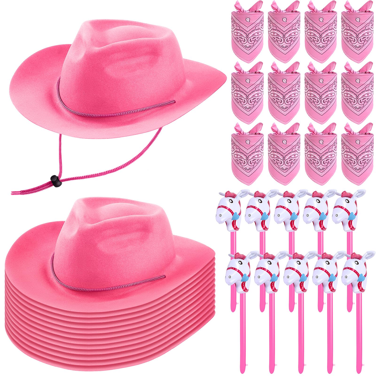 Xtinmee 36 Pcs Cowboy Party Costume Set, Cowboy Hats Paisley Bandanas Inflatable Stick Horses Kids Party Supplies