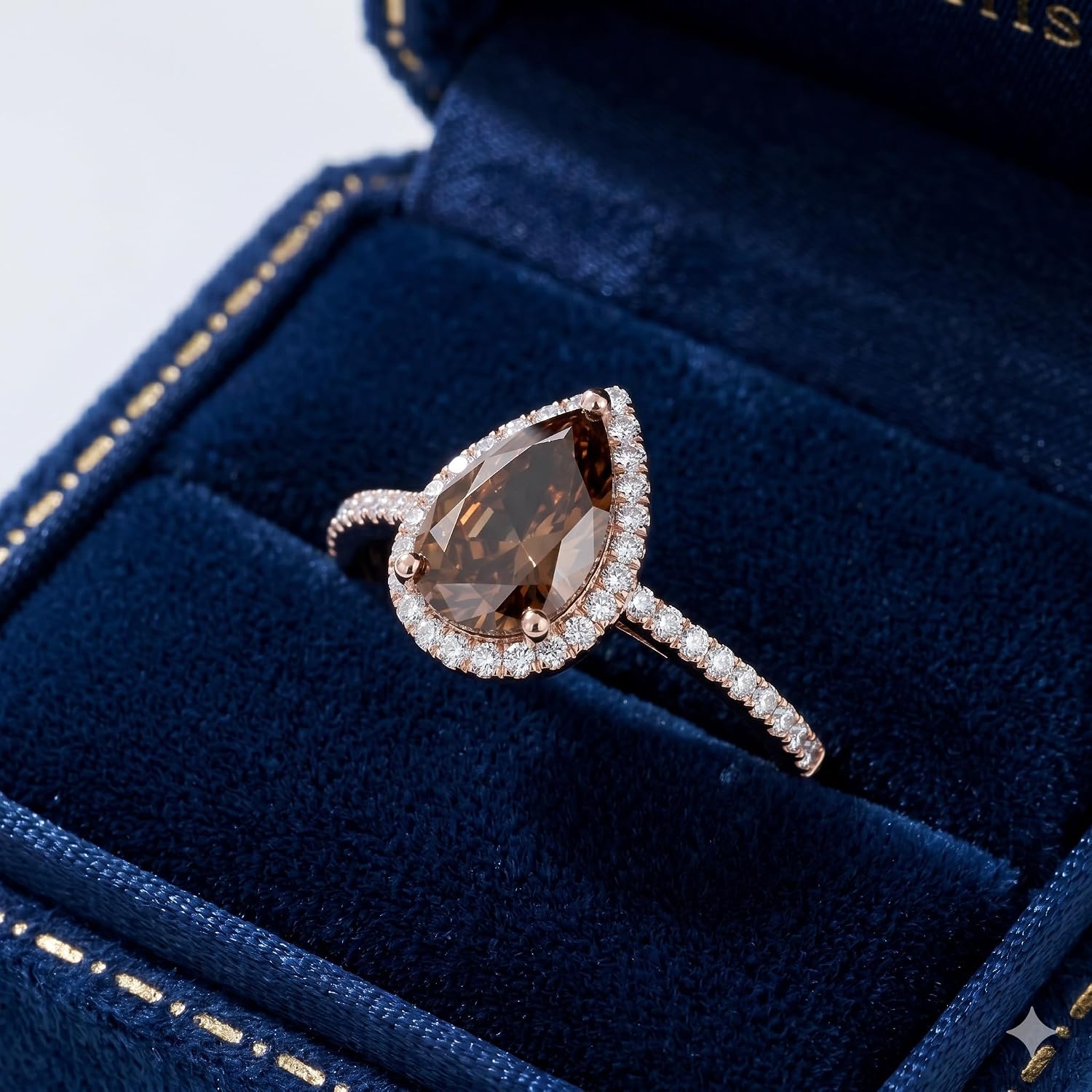 1.5 Carat Pear Shape Chocolate Brown CZ Diamond Halo Engagement Ring in 14K Rose Gold Finish, Teardrop Anniversary Ring for Women