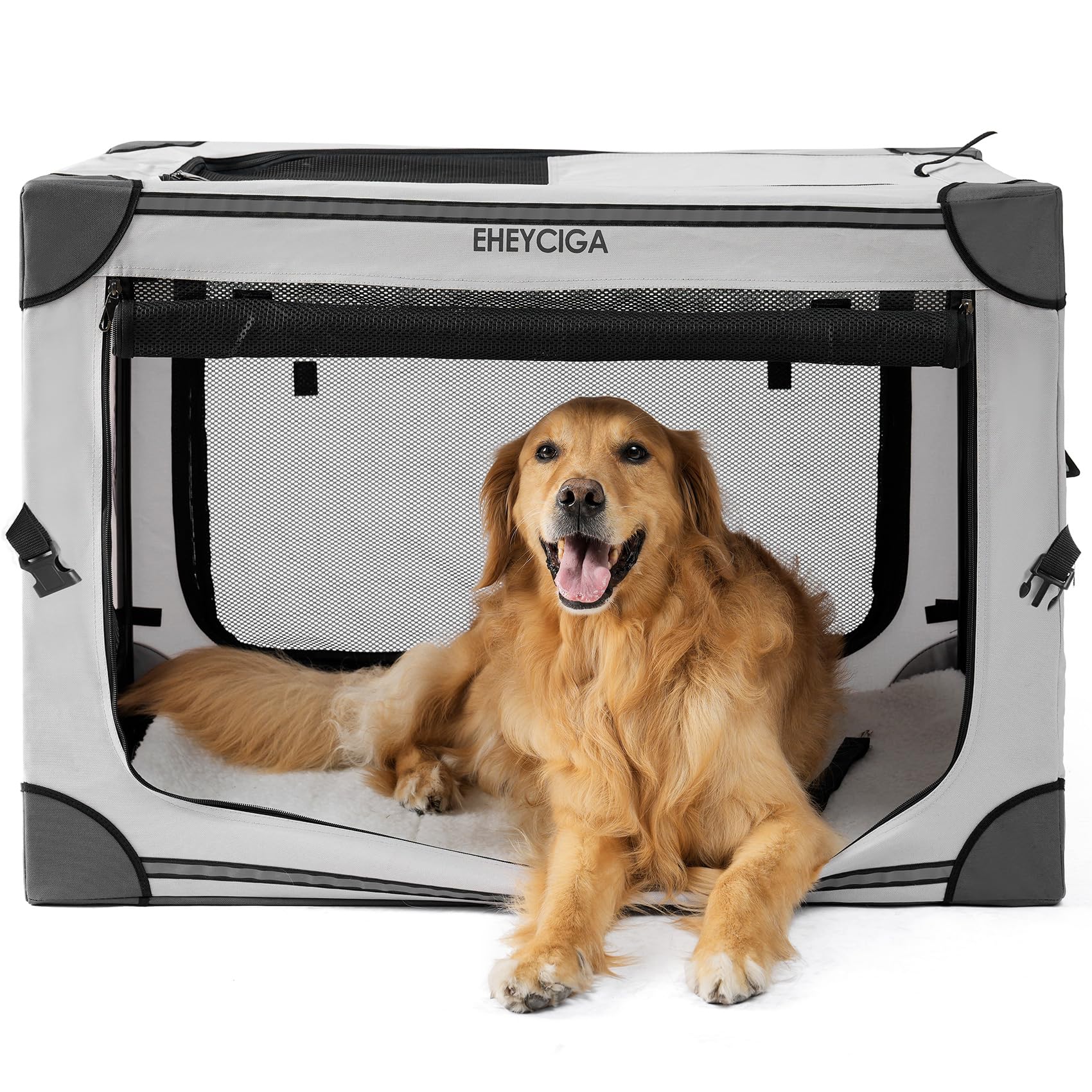 EHEYCIGA Collapsible Dog Crate 36 Inches, Portable Travel Crate for Large Dogs, Soft Foldable Pet Kennel with 4-Door Mesh Windows Indoor & Outdoor, Grey