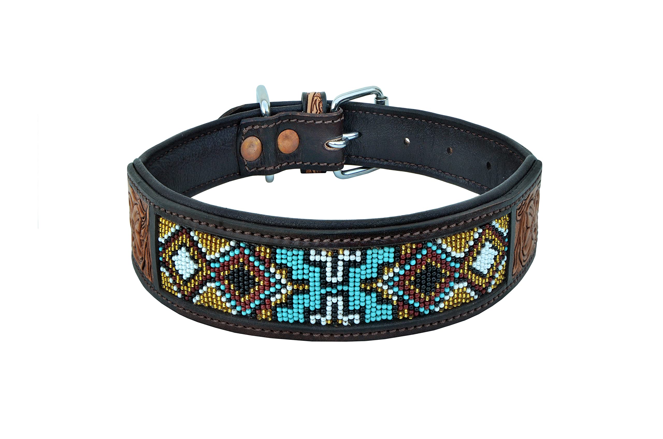 Affilare Collare per cani in vera pelle stile occidentale con perline, lavorato a mano e imbottito, 10AB018, turchese, oro, bianco, extra piccolo (tacca centrale a 28 cm)