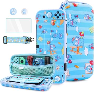 HYPERCASE for Nintendo Switch OLED Carrying Case Blue Mermaid Acessories Bundle Kit, with Hard Switch OLED Console Protective Cover Skin, HD Screen Protector, Shoulder Strap & 2 Cute Thumb Caps