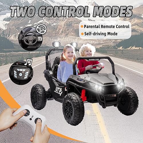 Miniatura 6 de Juguetes de 24 V y 2 plazas para niños grandes, suspensión de 4 ruedas todoterrenoUTV, con control remoto, 2 motores potentes de 200 W,