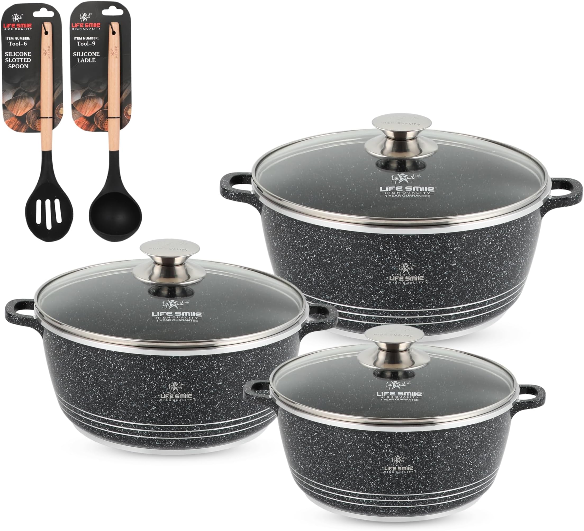 LIFE SMILEPots Set 8 pieces - Kitchen Cookware set, Granite Non Stick Coating, Die Cast aluminum 100% PFOA FREE include Casseroles & Silicone Utensils (Black (20/24/28CM))