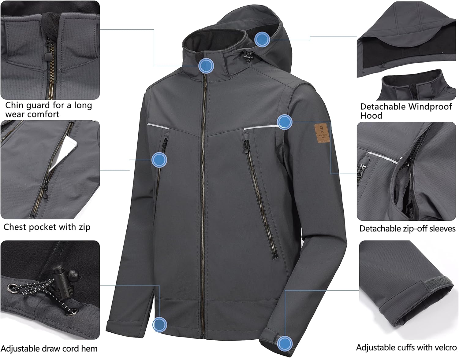 Little Donkey Andy Men's Waterproof Softshell Jacket with Detachable Sleeves and Hood, Fleece Mountain Ski Snow Rain Coat - Image 5