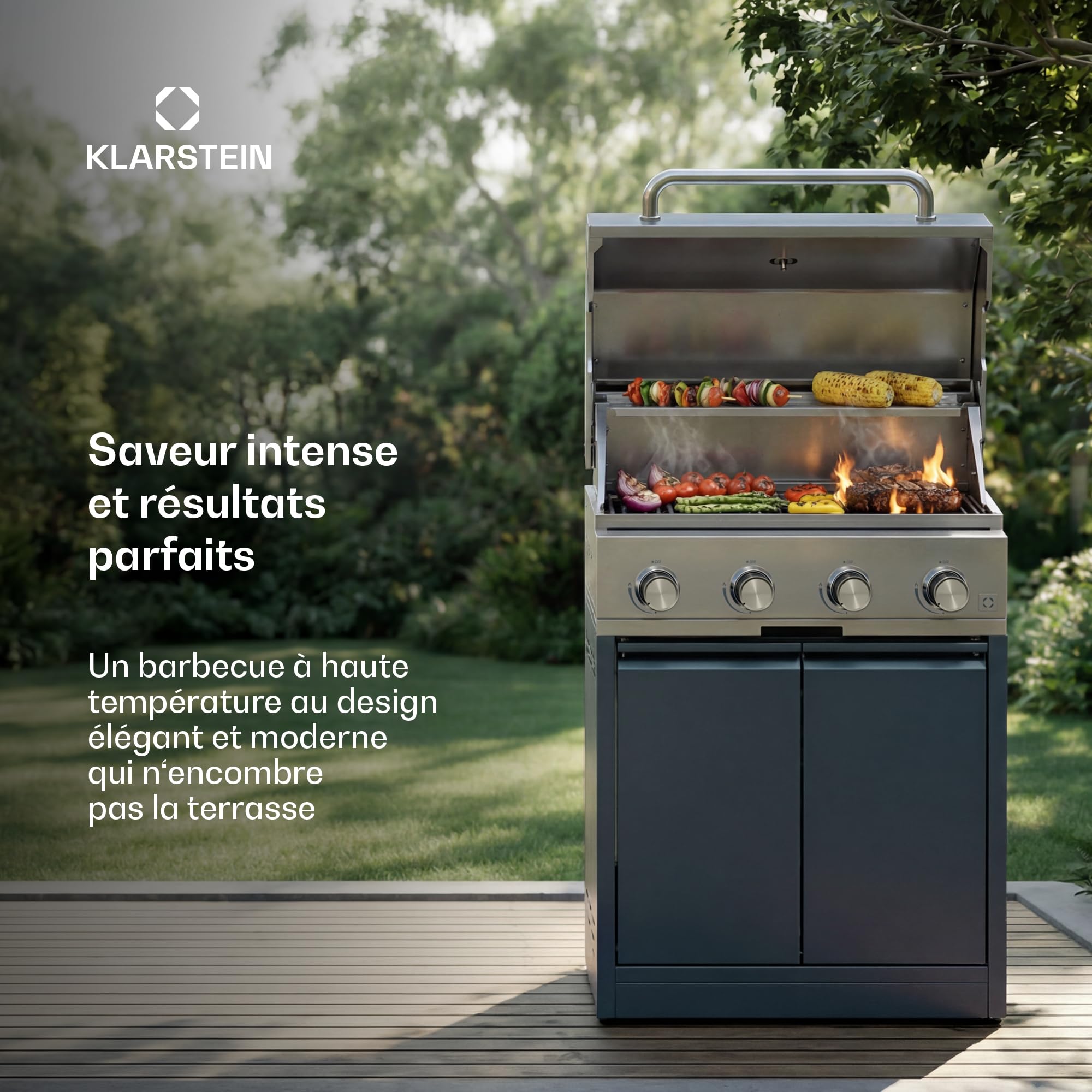 Klarstein WaldChef Barbecue à gaz 30 mbar - Barbecue Gril 4 Brûleurs 12800 W, acier inoxydable, grille en fonte, thermomètre, allumage piézoélectrique