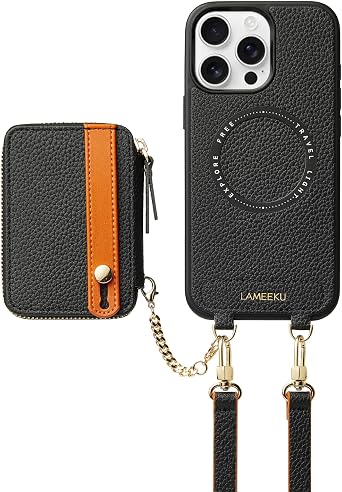 LAMEEKU for iPhone 15 Pro Max Case Wallet for Magsafe, Magnetic Card Holder Leather Crossbody Case with Phone Grip Stand for Women for iPhone 15 Pro Max 6.7 Black