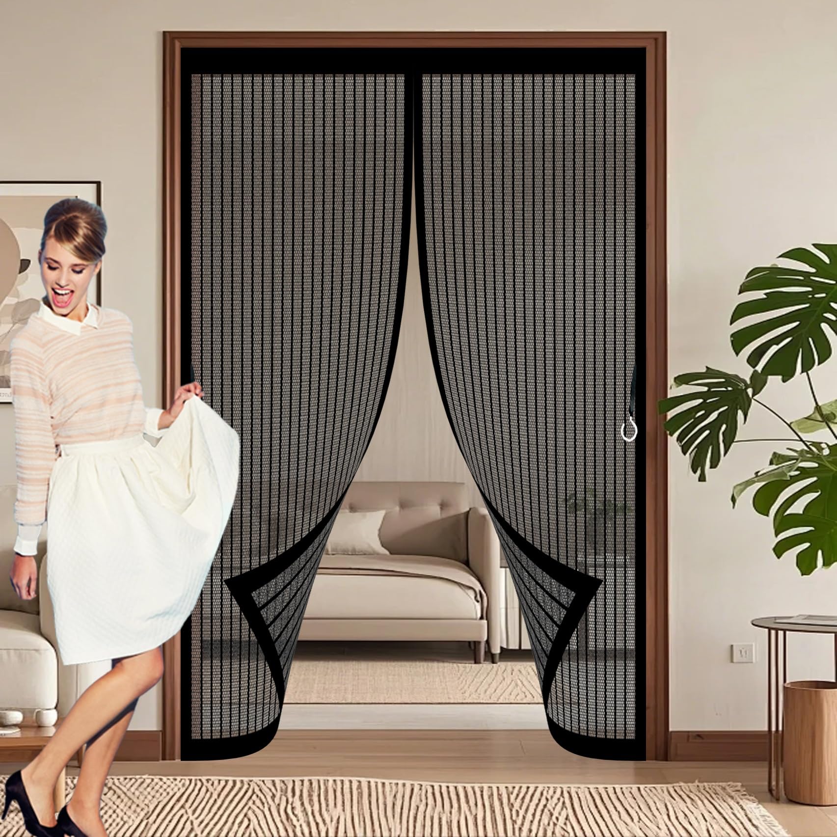 Xueqxue Black Magnetic Fly Screen Door 145 X 216 Cm Automatically Close, No Gap, Easy To Install Without Drilling, Keep Bugs Out Lets Fresh Air In Mosquito Double Door For Patio Doors Balcony,