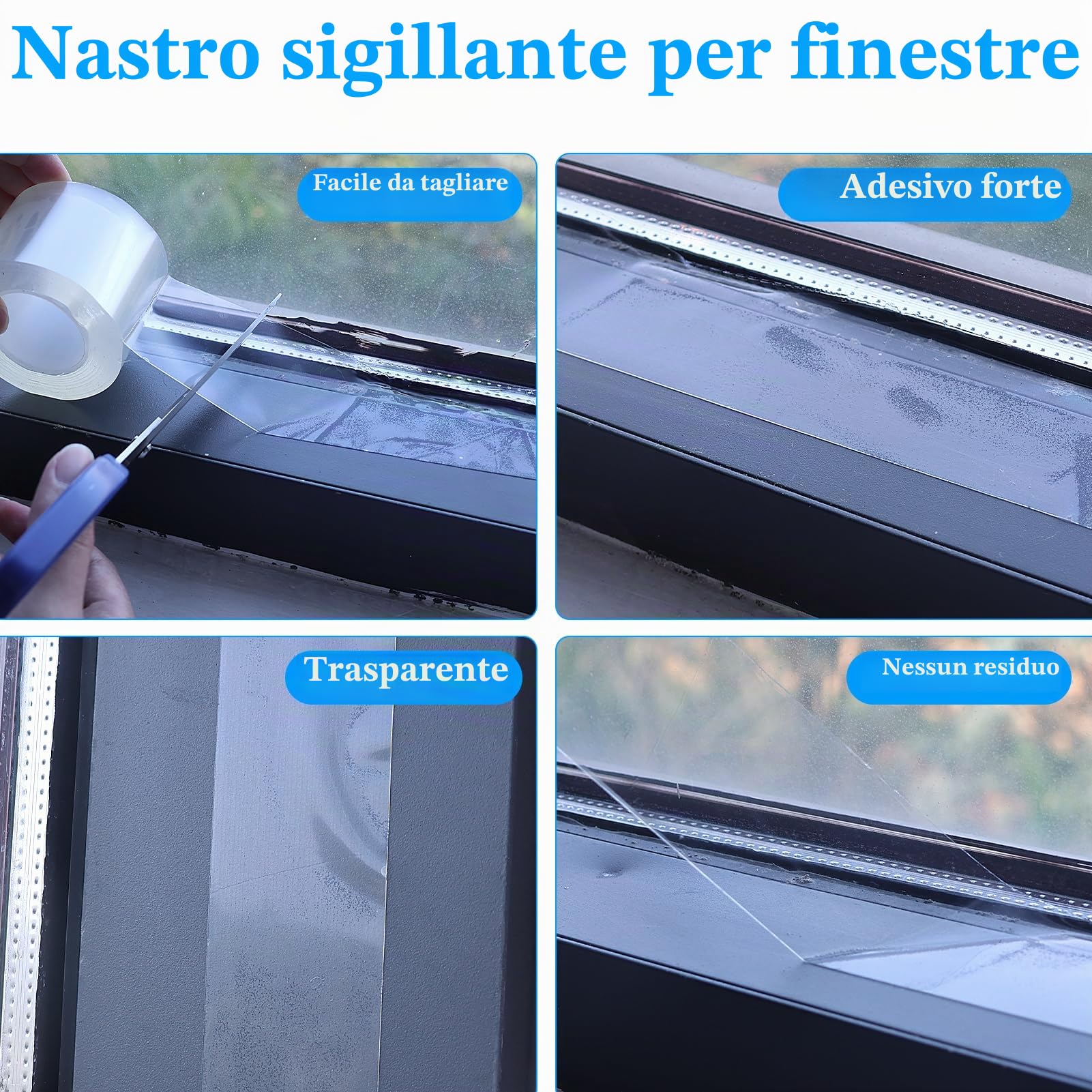 Nastro sigillante autoadesivo per porte e finestre, strisce di tenuta per porte, 5 cm x 10 m, impermeabile, trasparente, resistente alle intemperie, per interni e esterni, antivento, paraspifferi per