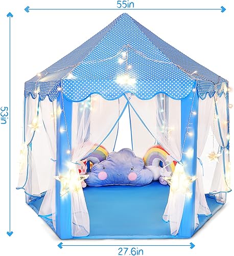 Miniatura 6 de Sumbababy Tienda de campaña de castillo de princesa para niñas, tiendas de campaña de juegos de hadas para niños, casa de juegos hexagonal azul con