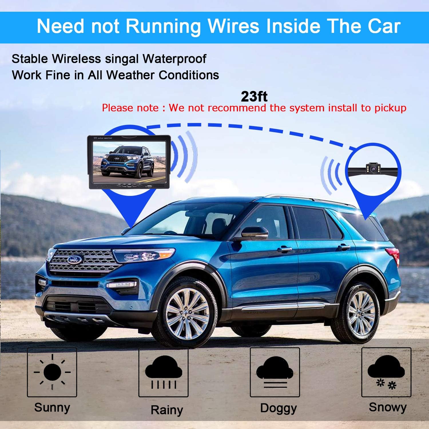 Diagram illustrating the wireless connection between the backup camera and the monitor in a car, showing signal transmission and weather resistance icons.
