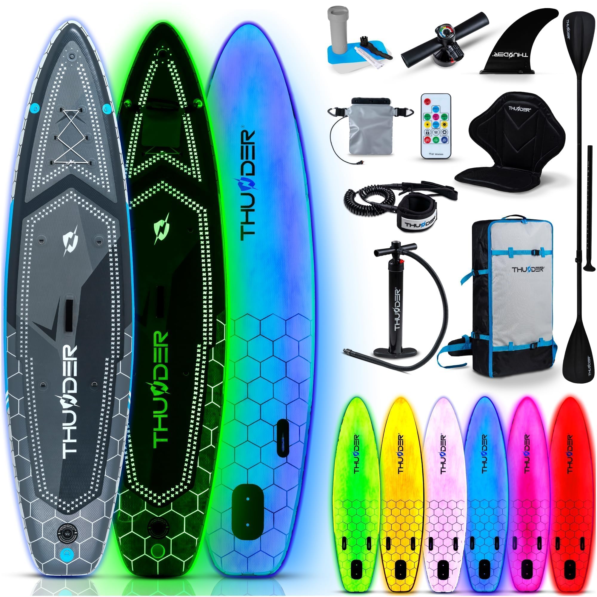 THUNDER Pro LED Sup Board 320 cm con sedile Kayak – Stand Up Paddle Board Gonfiabile con Illuminazione RGB LED, Pompa, Paddle & Zaino – Set Sup fino a 150 kg