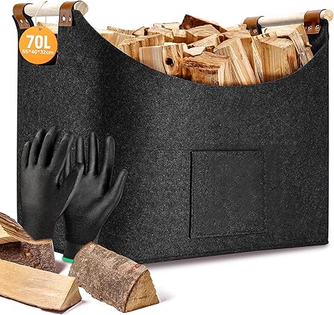 Cesto para leña, Cesta de madera de fieltro, Cesto para leña con guantes, Sacos de fieltro plegables, Transportar Madera, Guardar Juguetes, Madera, Periódicos, Ropa, Compras(gris oscuro)