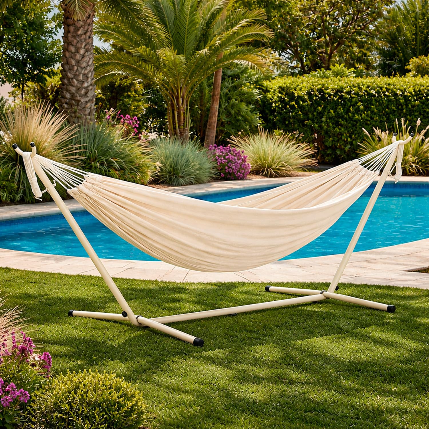 Amaca Da Giardino Con Supporto In Acciaio Beige Portata 200 Kg Altezza Regolabile Telo Cotone Resistente Amaca Brasiliana Esterno Terrazzo Piscina Balcone Con Borsa 265 x 110 x 100 Cm Beige