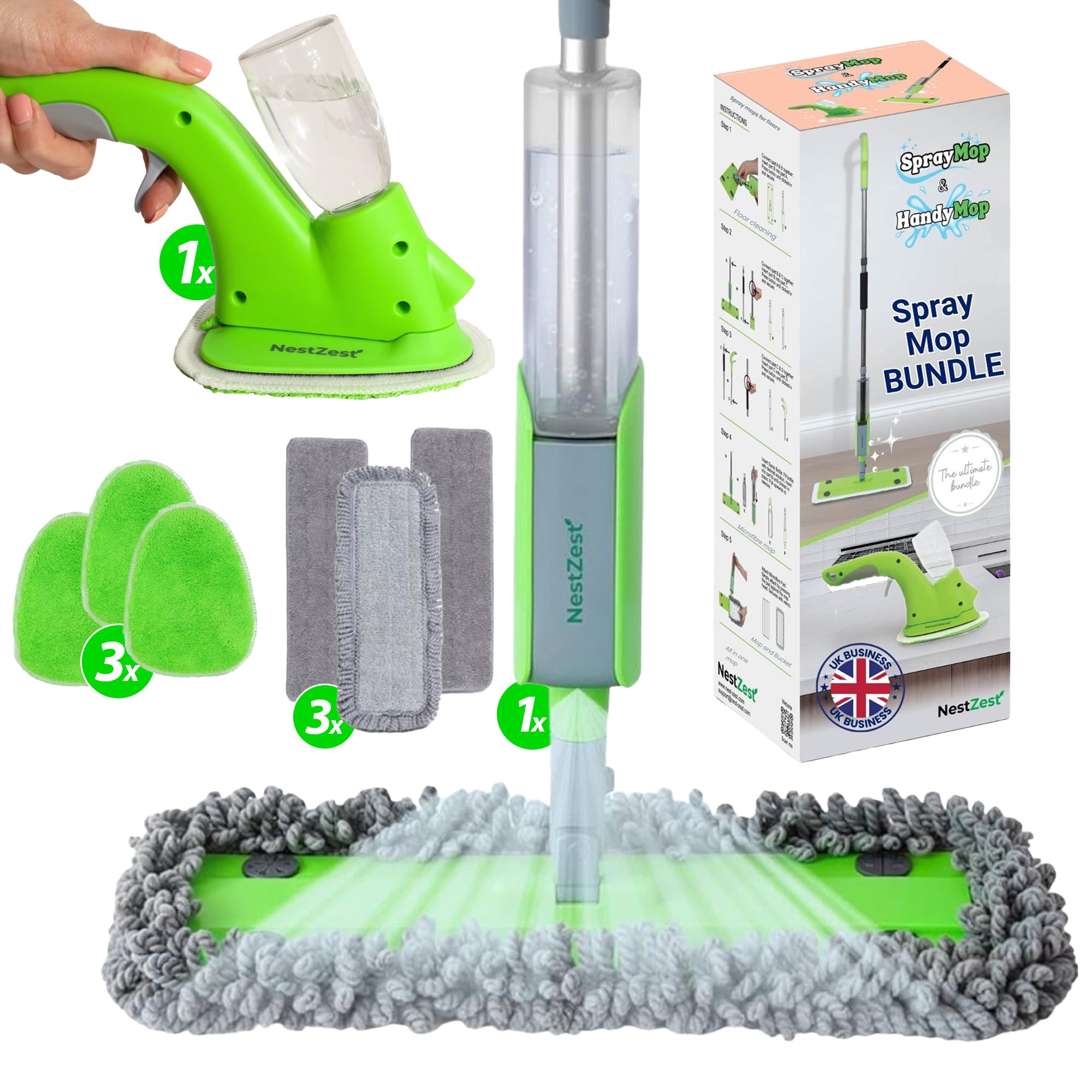 Nest Zest Spray Mop + Handy Mop Spray Mop Bundle Set – Handymop & Spraymop With 6 Microfibre Cleaning Pads – Surface & Floor Mop For Easy Cleaning Of Kitchen, Bathroom & Living Room Areas