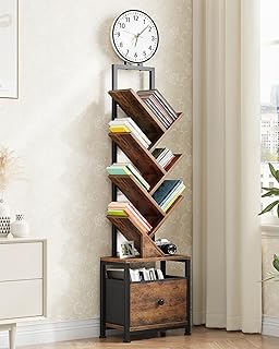 6 Tier Tree Bookshelf with Clock and Fabric Drawer, Small Narrow Bookcas...