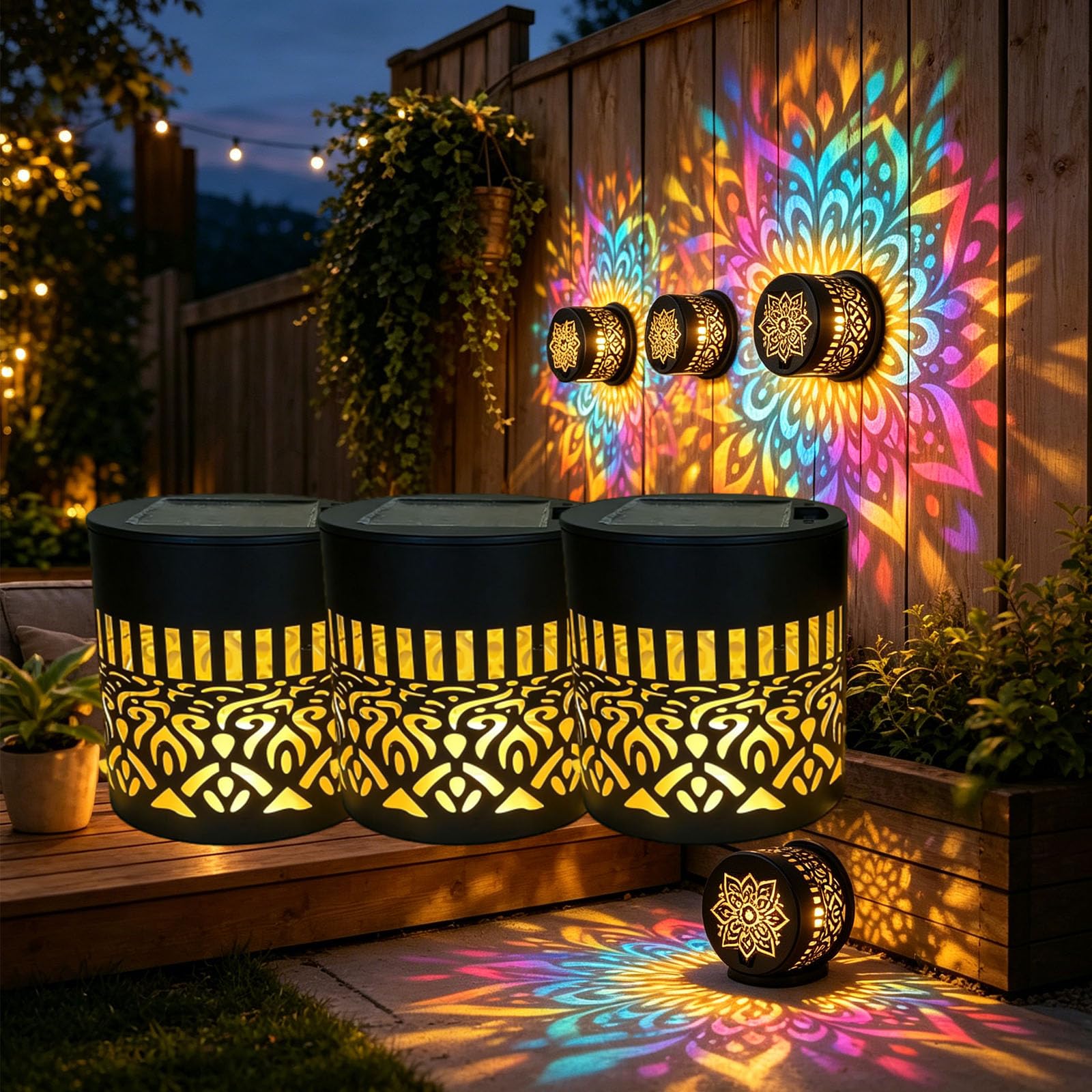 Solar Mandala Wall Light Outdoor Garden Fence Projector Lamp - Waterproof LED Mandala Projection Light for Patio Yard Backyard Decor - 7 Colour Changing Metal Projector Wall Light (3PCS)