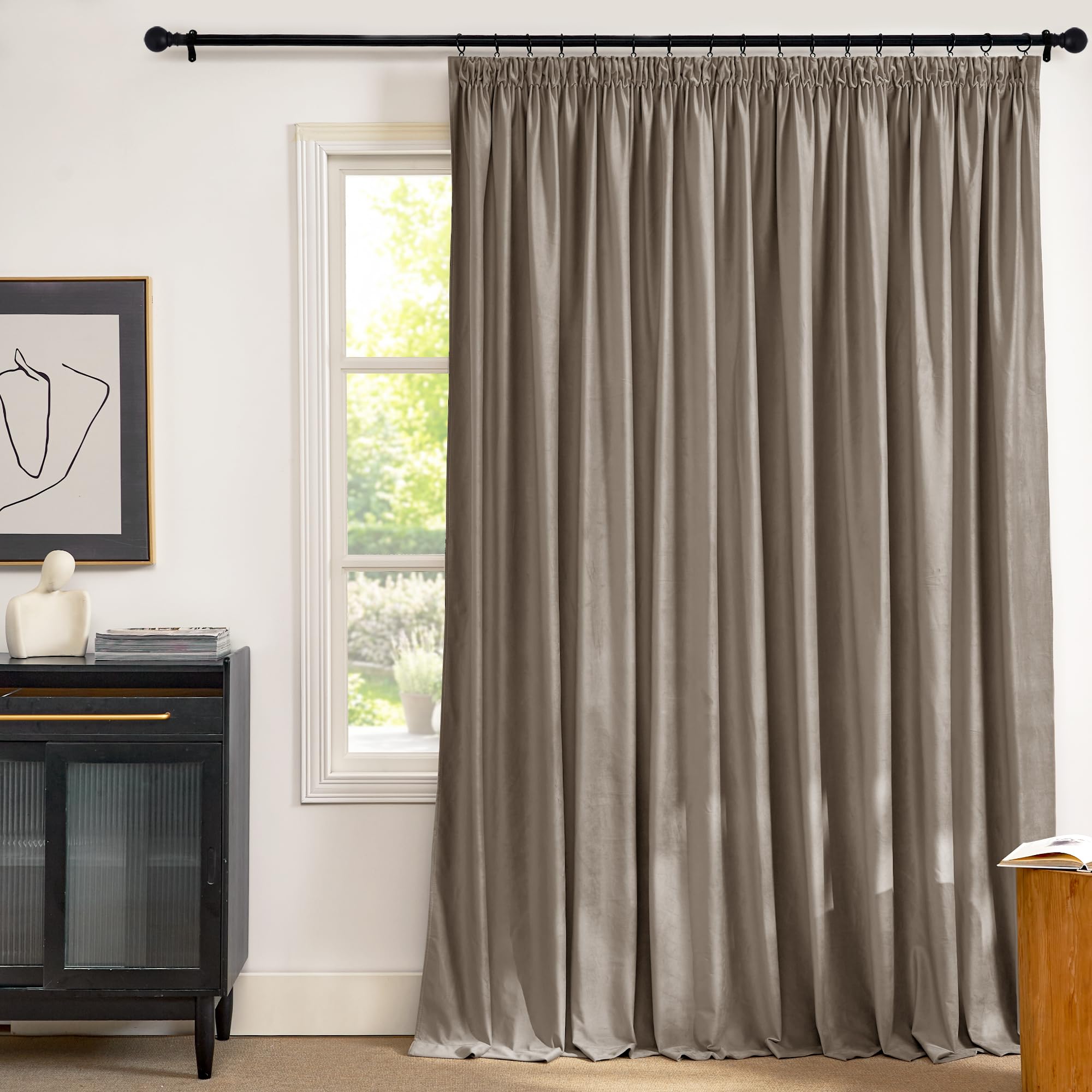 PONY DANCE Cortinas 3 Metros para Dormtiorio con Fruncidas, Cortinas Salon Opacas Termicas de Terciopelo(300 g/m2) para Rieles 1 Pieza para Ventanas Grandes,300x240cm,Taupe