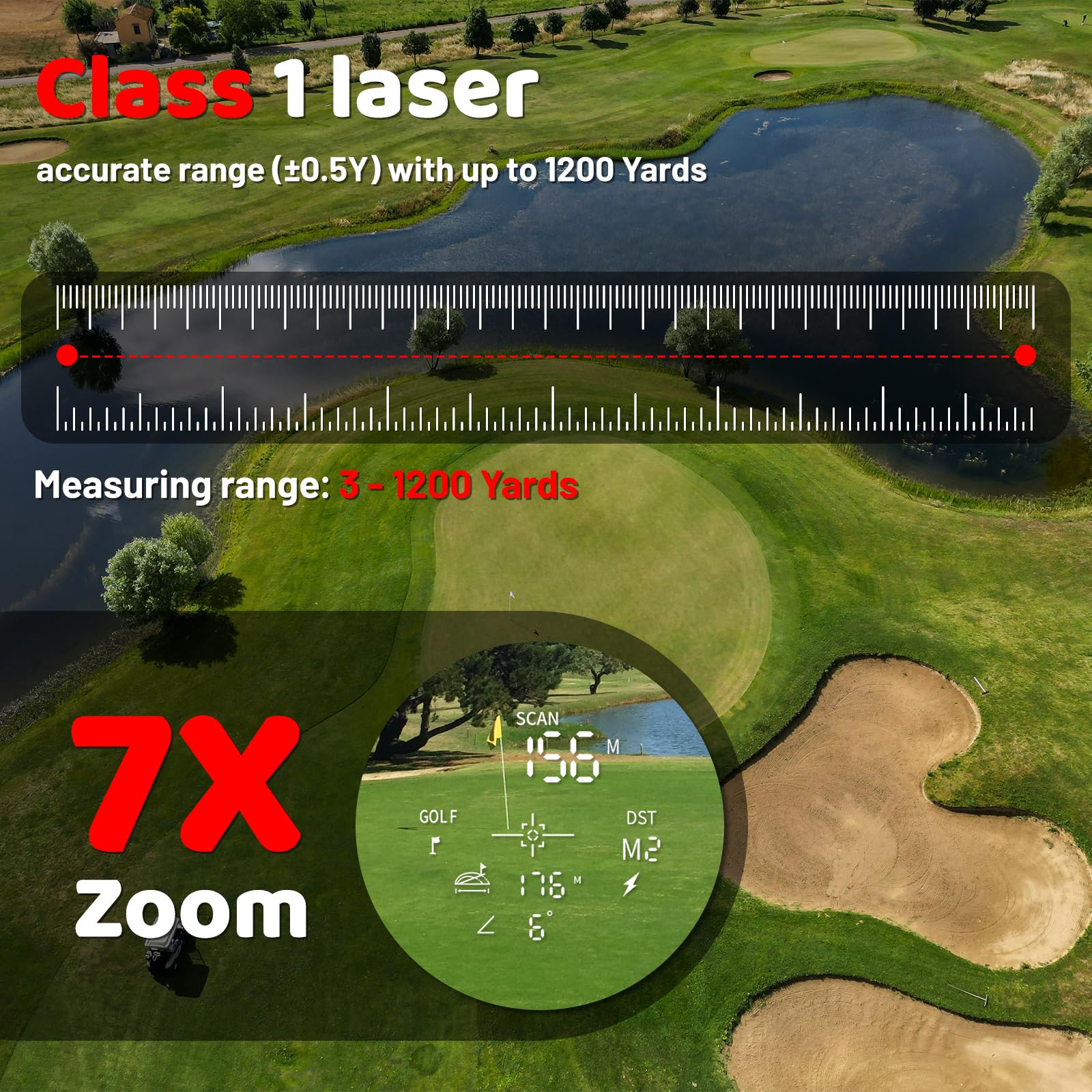 Golf Entfernungsmesser mit Steigung - 7X Vergrößerung Pin Lock Vibration, Externer Neigungsschalter für Golfturnier Legal, Entfernungsmesser mit wiederaufladbarem Akku, 1200YDS Entfernungsmesser