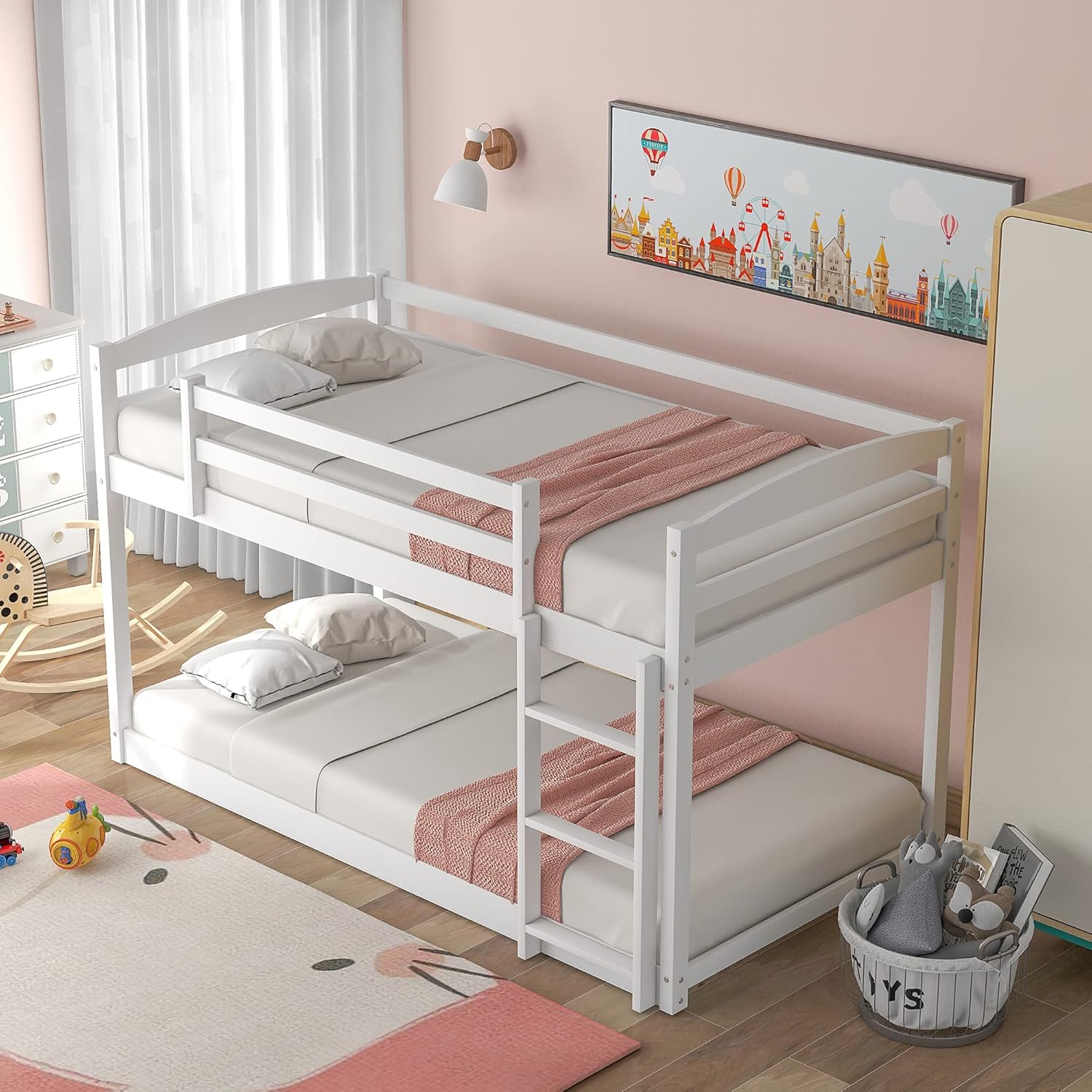 Twin Over Twin Floor Bunk Bed with Guardrail and Ladder, Wooden Low Bunk Bed Frame for Kids Boys Girls, White