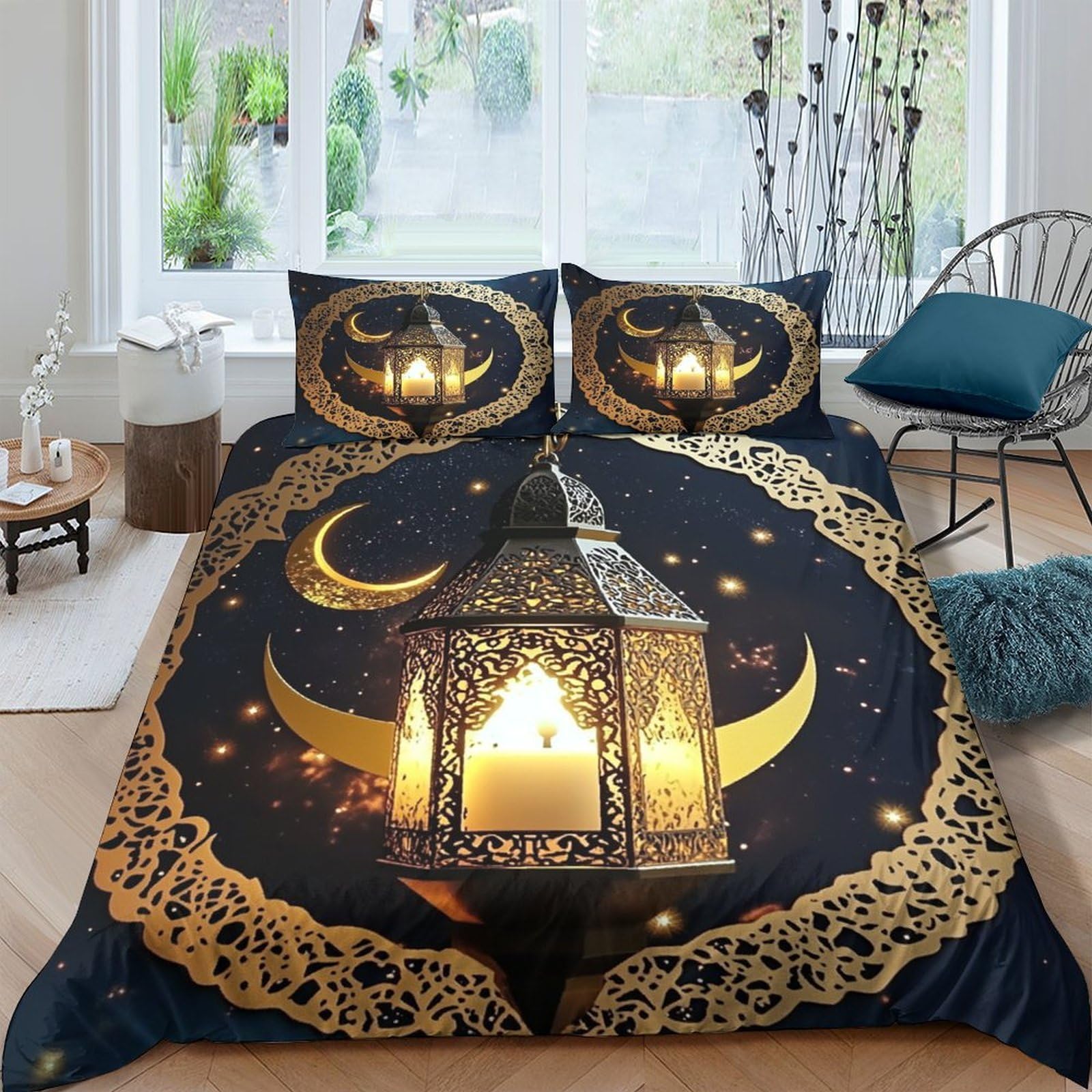 Ctjqhvkz Style-4 3D Printed Ramadan Lantern Fitted Sheet Microfiber Soft Breathable Crescent Moon Bed Sheet For Bedroom Dorm Mattress Decor Single（135X200cm）