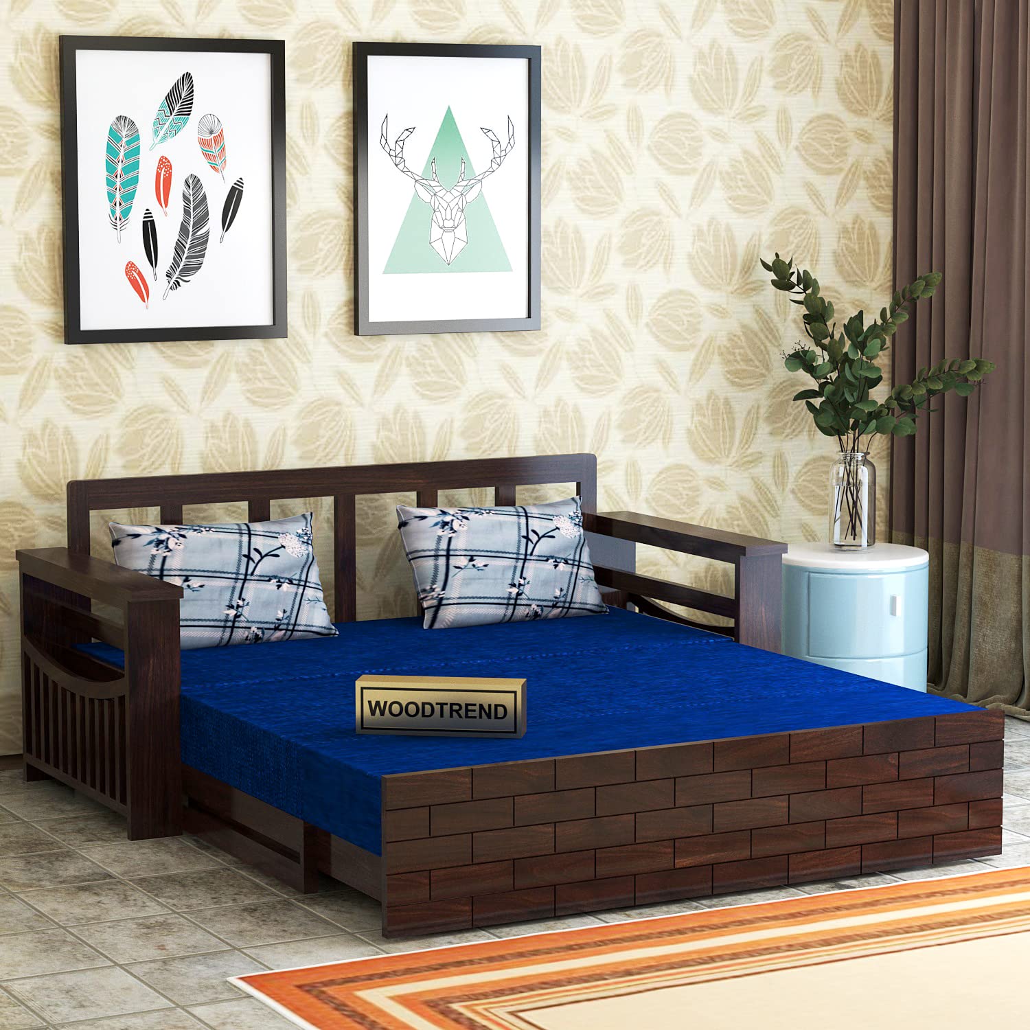 ALATERRE HOME FURNITURE Wood Sofa Cum Bed for Home | Wooden Sofa Cums Bed for Living Room | Without Pillow | Sofa Bed Foldable with Storage | Hall Sofa Bed 3 Seater | Walnut Finish