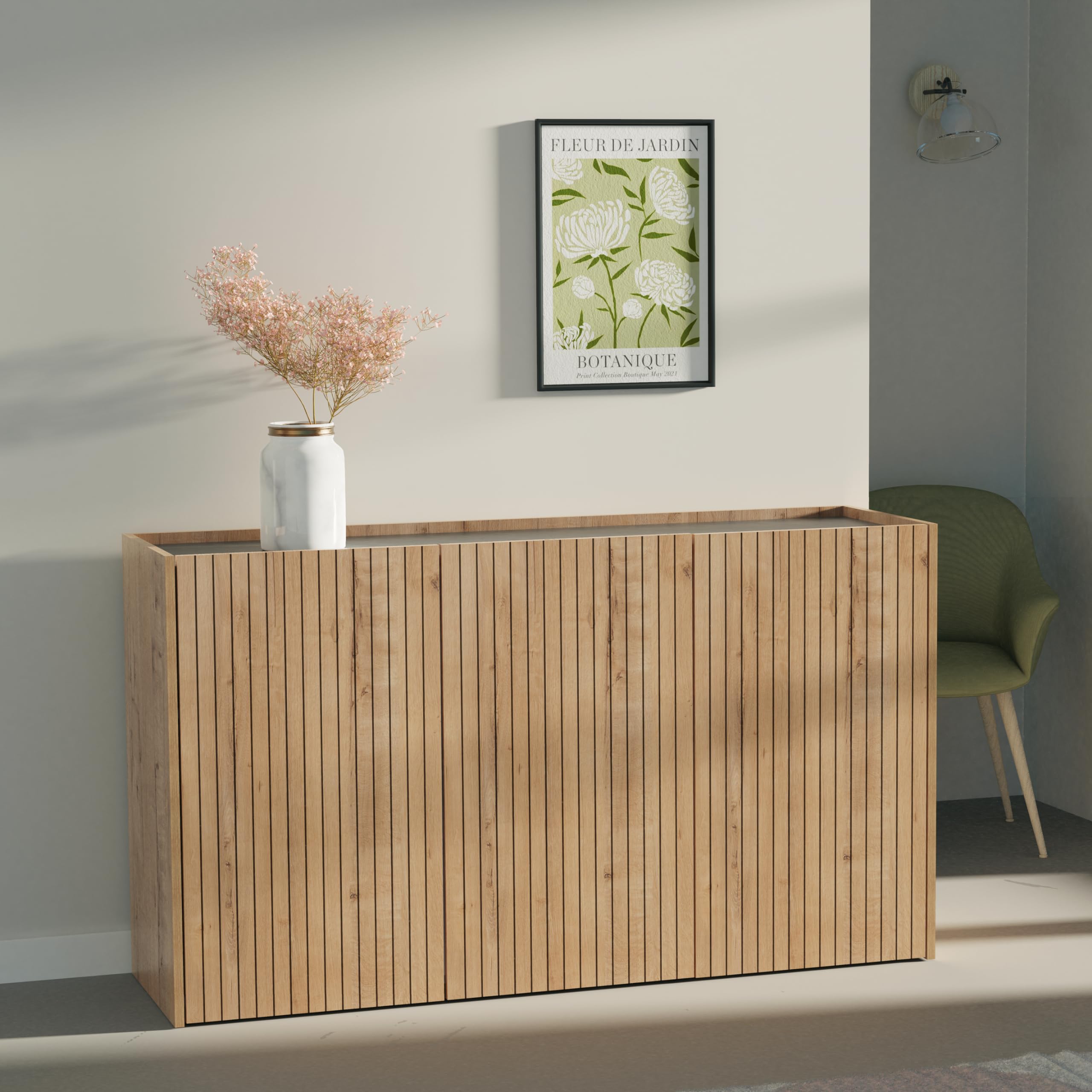 MUEBLES PITARCH | Aparador Salón Comedor, Buffet, Mueble Auxiliar, 3 Puertas, Negro y Roble Gold, Listones serigrafía, 80x140x40cm, Despensa, Cocina, Despacho, Moderno, Modelo Irati
