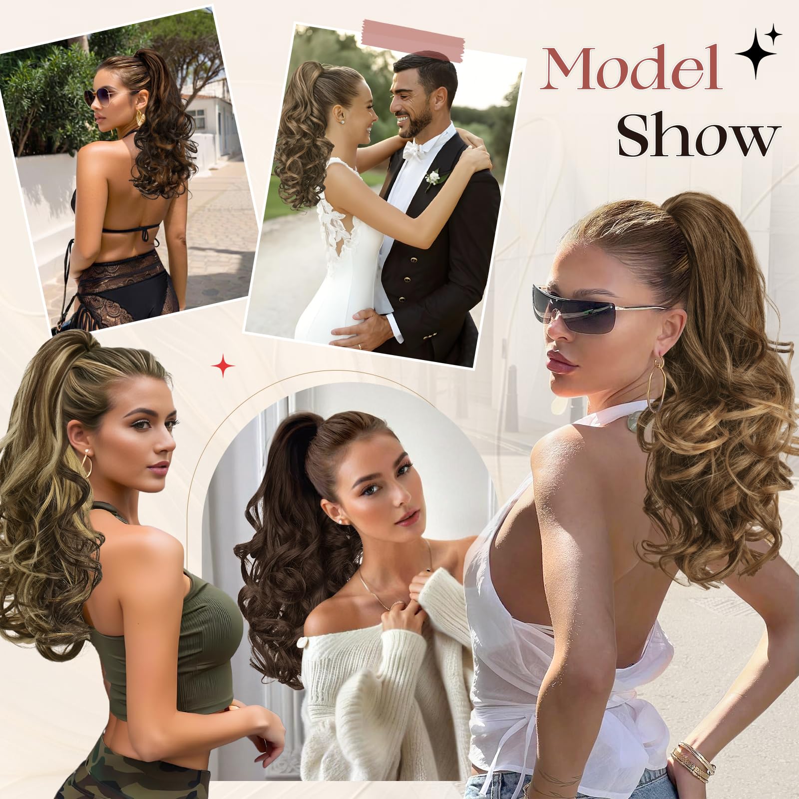 Sofeiyan Coleta Postiza Rizada 43cm con Pinza de Garra, Extensión de Pelo Sintético de Aspecto Natural Cola de Caballo Falsa para Mujer, Rubio Miel Mezclado con Castaño Claro