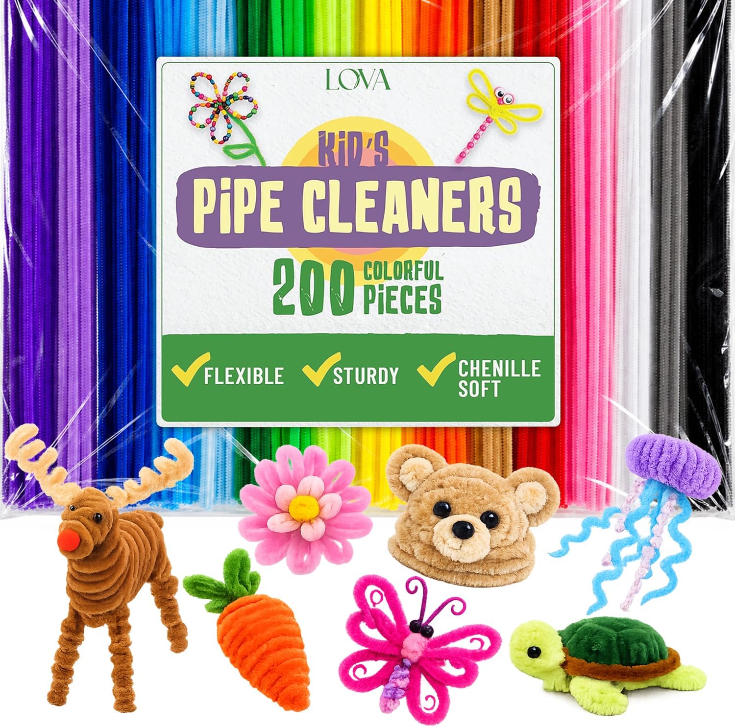 LOVA Pipe Cleaners Craft Bulk 200 Count – 12 Inch Chenille Stems in 20 Assorted Colors, Multicolor Fuzzy Craft Supplies for DIY Arts and Crafts, Flower Stems & Classroom Projects