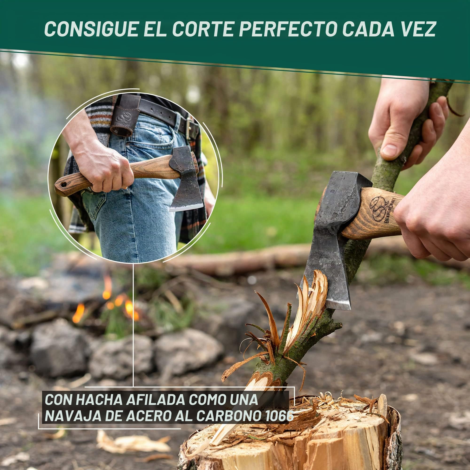 BeaverCraft Hacha de Tallado en Madera AX1 con Funda – Hacha Forjada Bushcraft para Camping – Hacha Pequeña de Bosque para Cortar y Partir – Herramienta de Jardinería con Mango de Madera