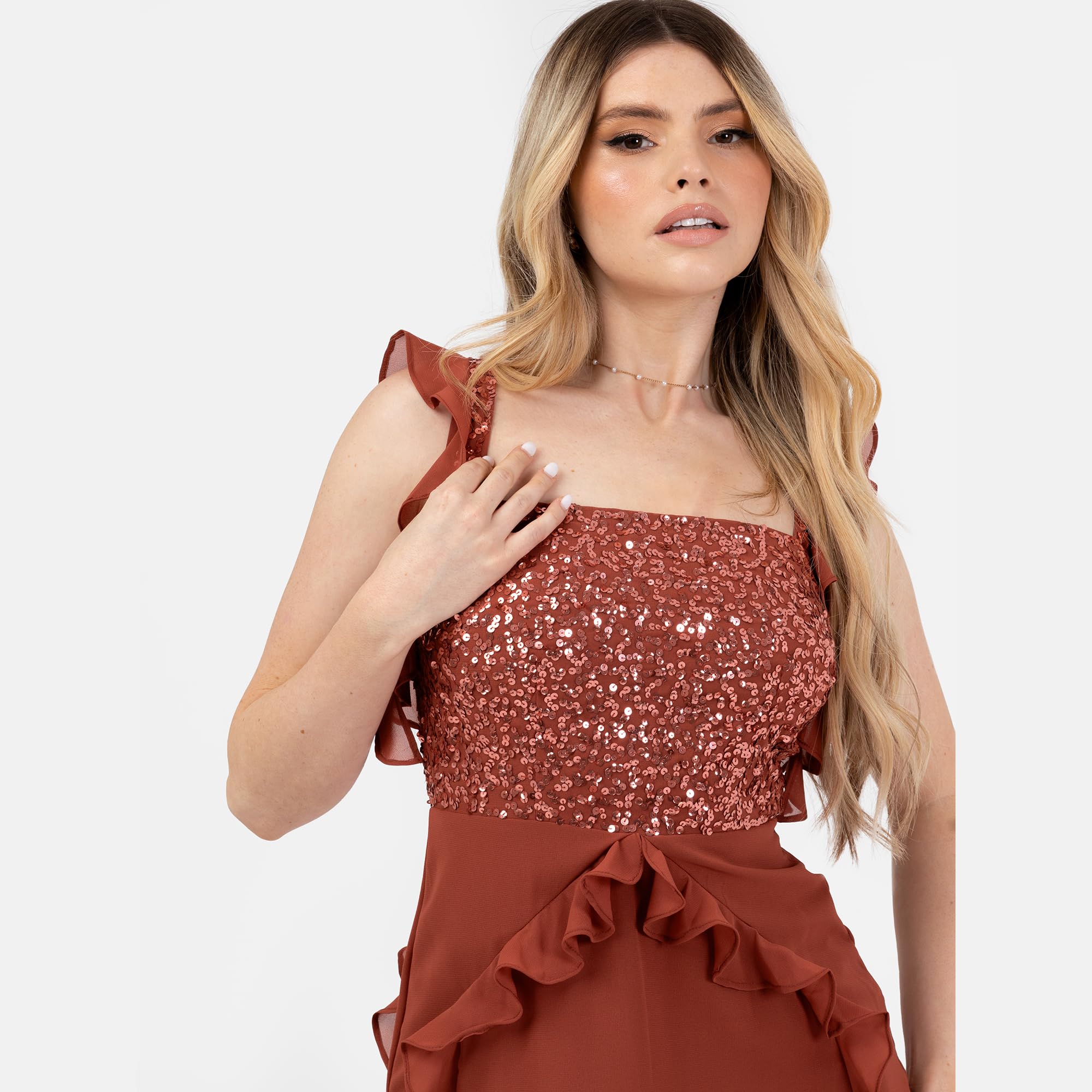 Maya Deluxe Vestido Midaxi para Mujer, sin Mangas, Cuello Cuadrado, Lentejuelas, Adornado, Volantes, Acampanado, Dobladillo Escalonado, Vestido de Baile de graduación