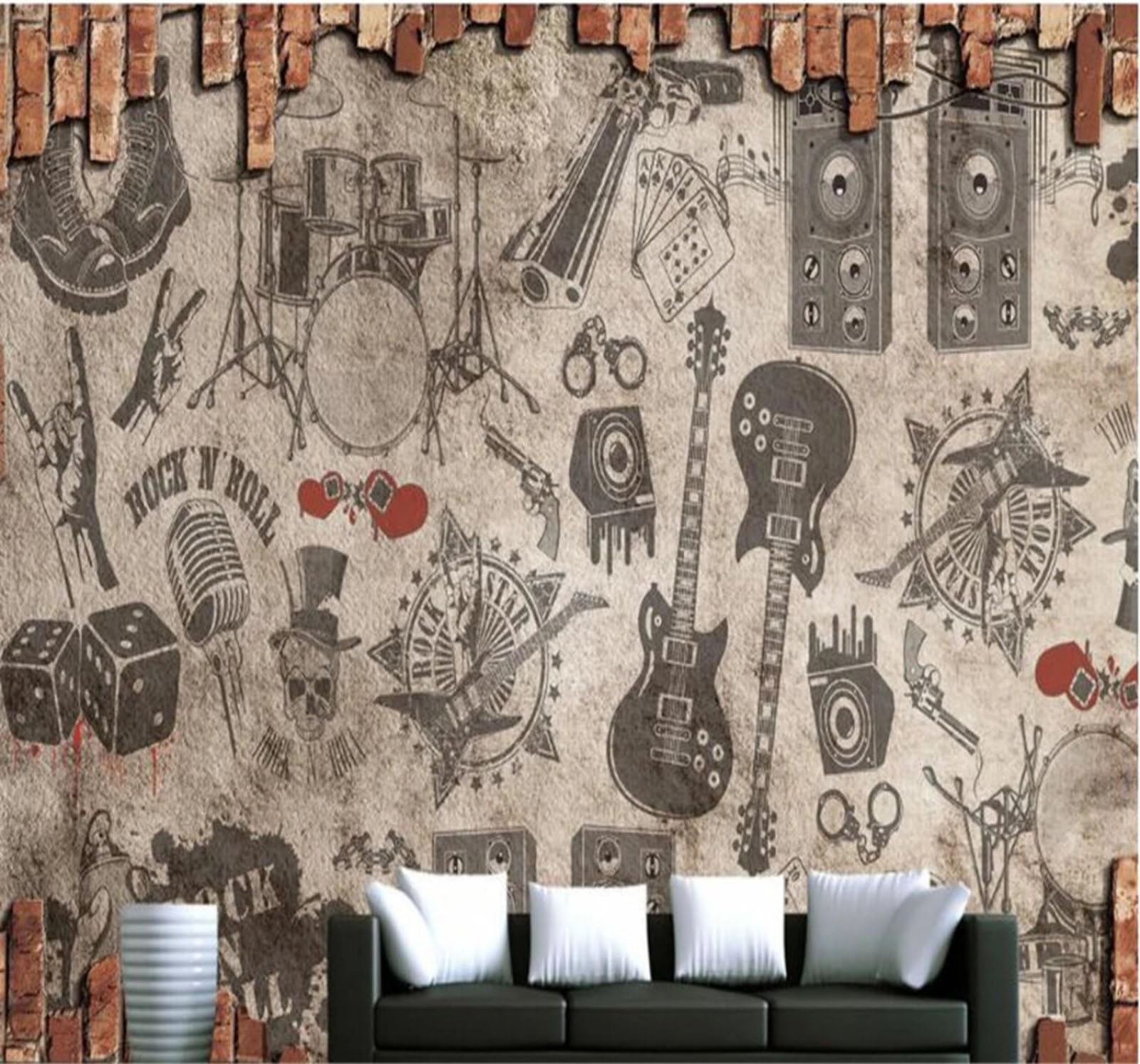 Xlming 350Cm×256Cm(B×H) Vintage Nostalgic Brick Wall Musical Instruments Unique 3D Wallpaper Luxury Home Dining Decor Paste Sofa Living Room The Wall For Bedroom Mural-350Cm×256Cm