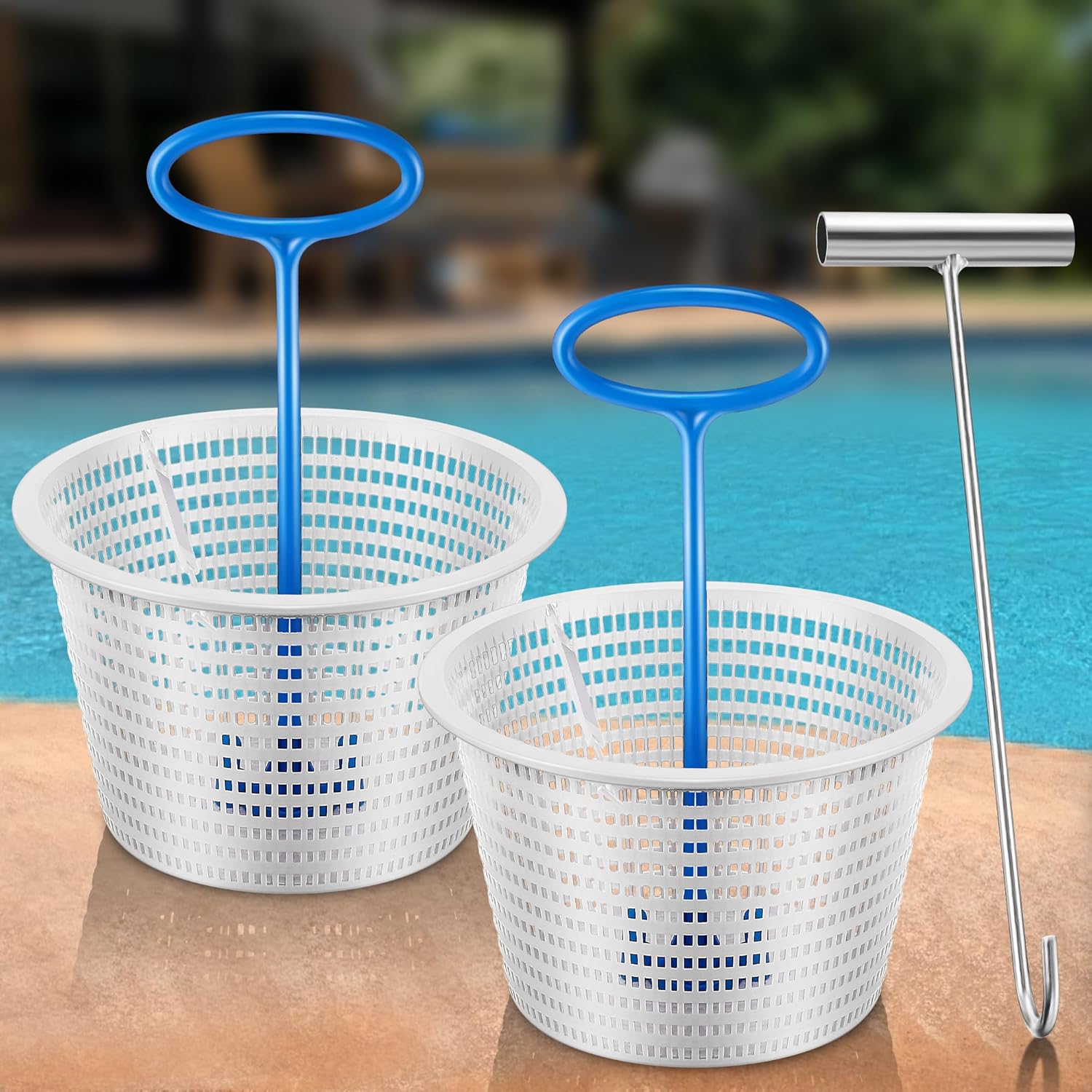 Saillong 2 White 8" Skimmer Replacement Basket & 2 Skimmer Basket Handle & 1 Silver Stainless Steel Hook, Universal Pool Skimmer Basket with Handle for Pool Debris Removal, Keep Hands Clean (Blue)