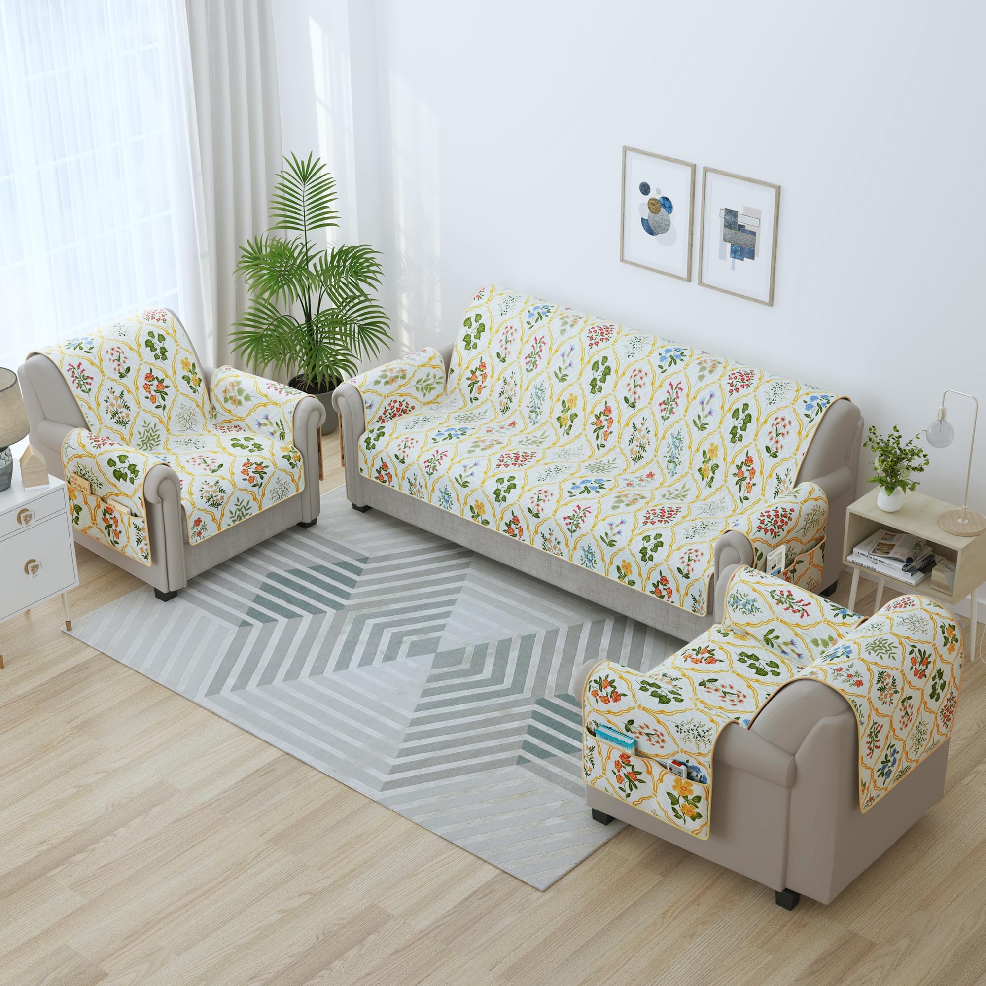 Story@Home Quilted Sofa Cover 5 Seater | Sofa Cover with Pockets | Microfiber Sofa Cover|3+1+1 Seater Sofa Cover with Pockets | Make Your Own Set Stylish for Aesthetic Home Furnishing | Beige & Green-image-37