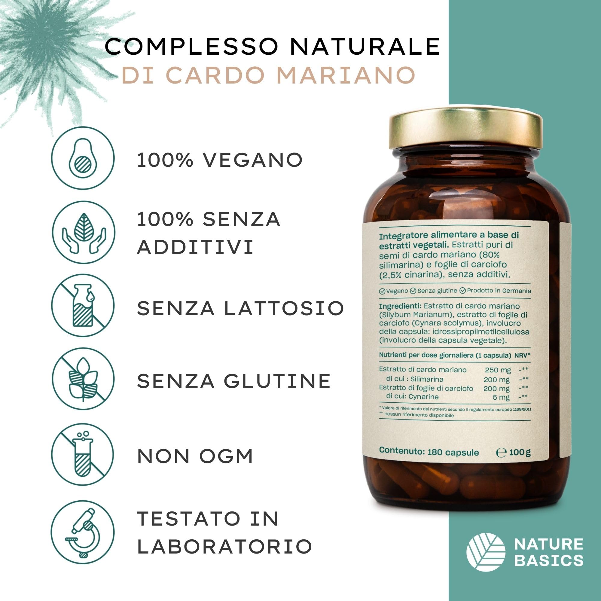Nature Basics® Capsule di cardo mariano ad alto dosaggio certificato e in barattolo | 180 capsule con 80% di silimarina e 2,5% di cinarina | testate in laboratorio, senza additivi e CO2 neutro